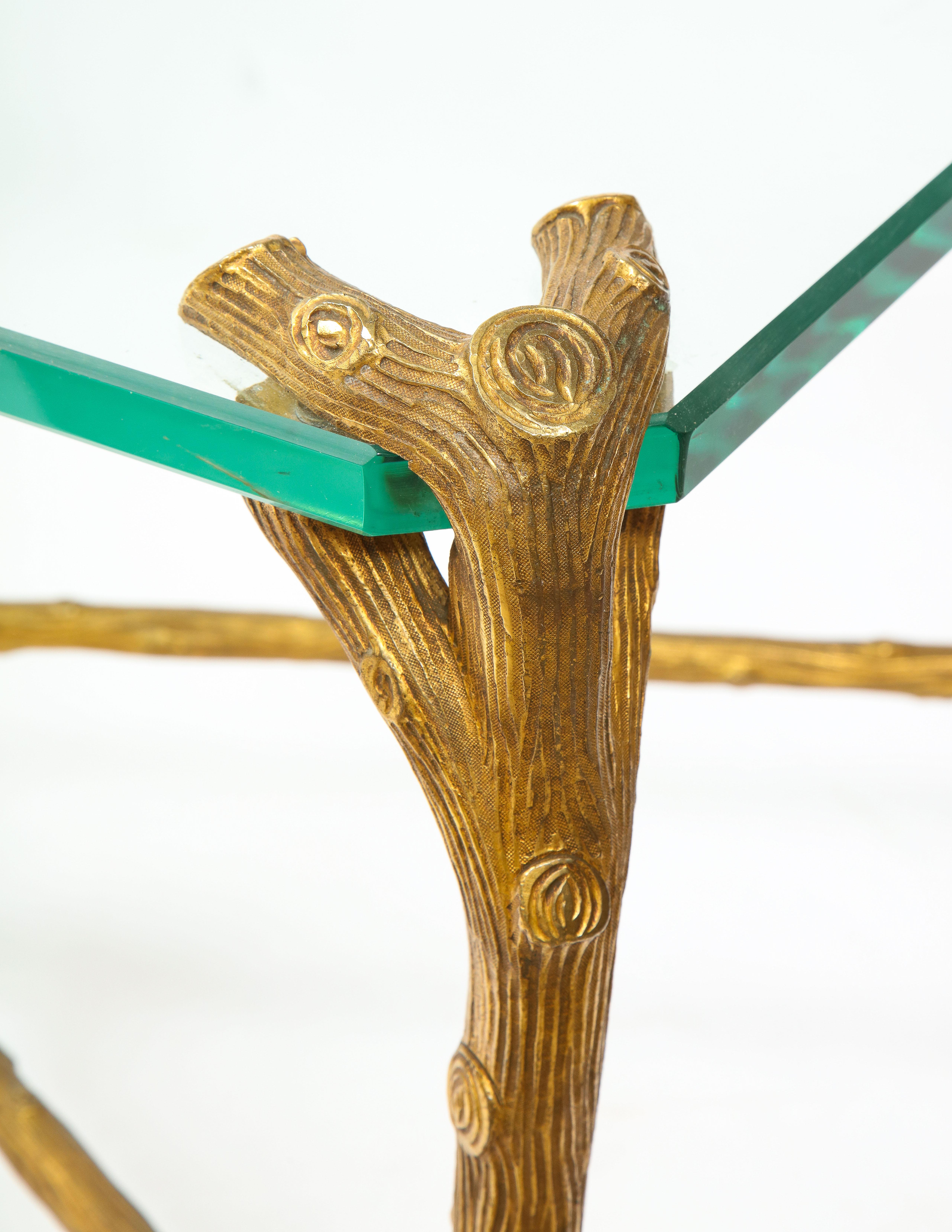 Mid-Century Modern P.E. Guerin Faux Bois Gilt Bronze Table w/ Stretcher, Signed 5