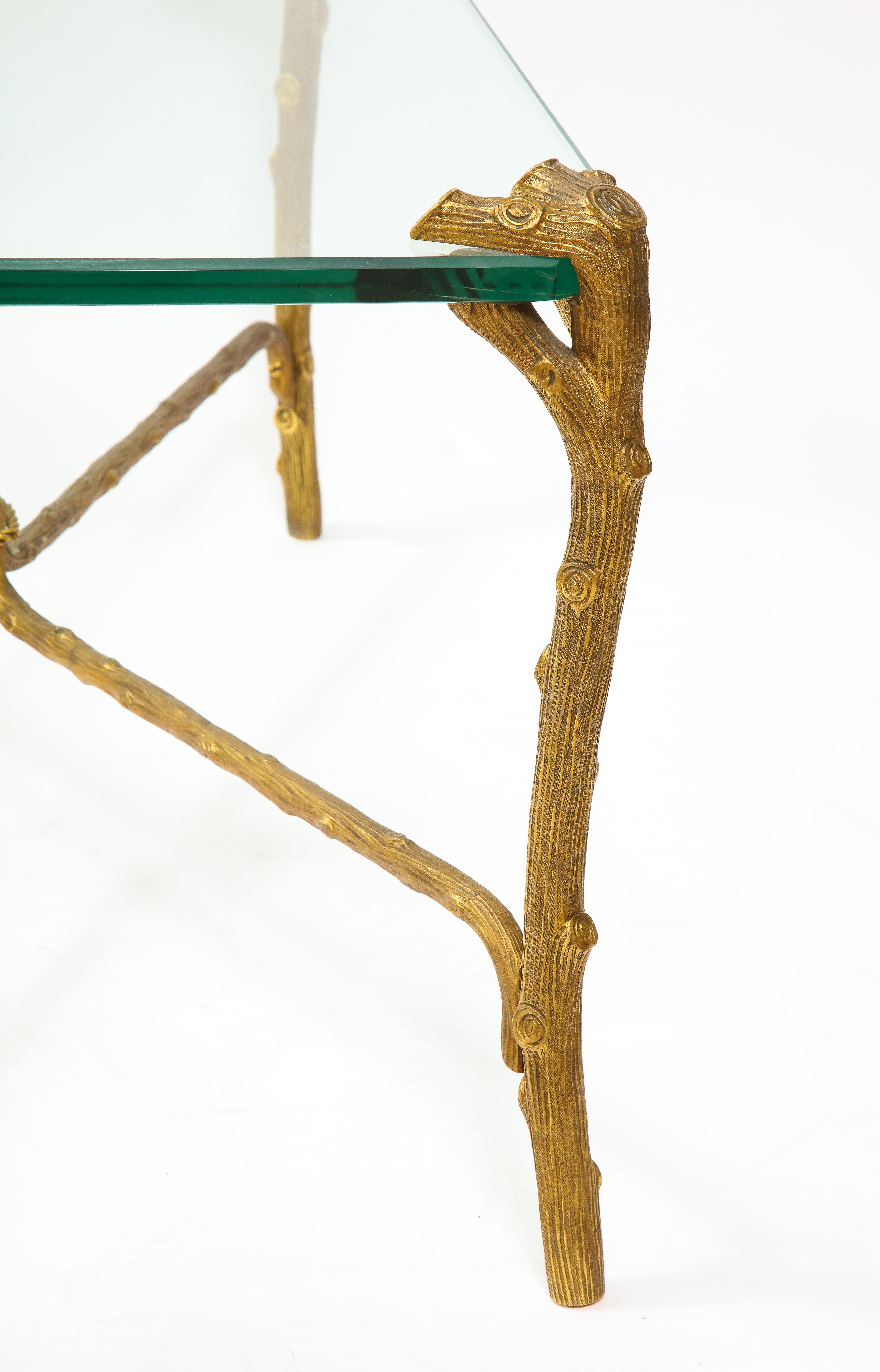Mid-Century Modern P.E. Guerin Faux Bois Gilt Bronze Table w/ Stretcher, Signed 8