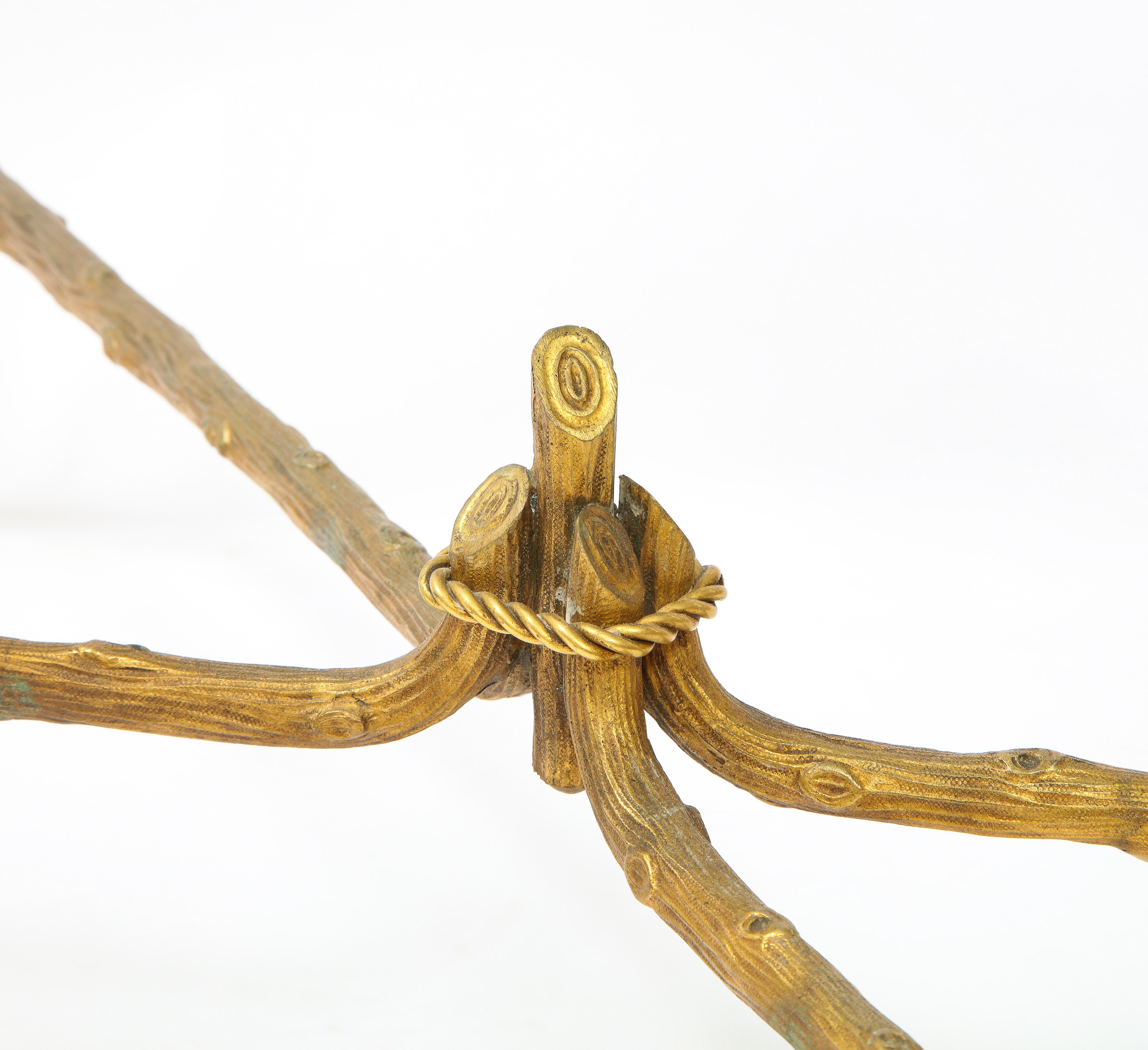 Mid-Century Modern P.E. Guerin Faux Bois Gilt Bronze Table w/ Stretcher, Signed 11