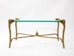 Mid-Century Modern P.E. Guerin Faux Bois Gilt Bronze Table w/ Stretcher, Signed