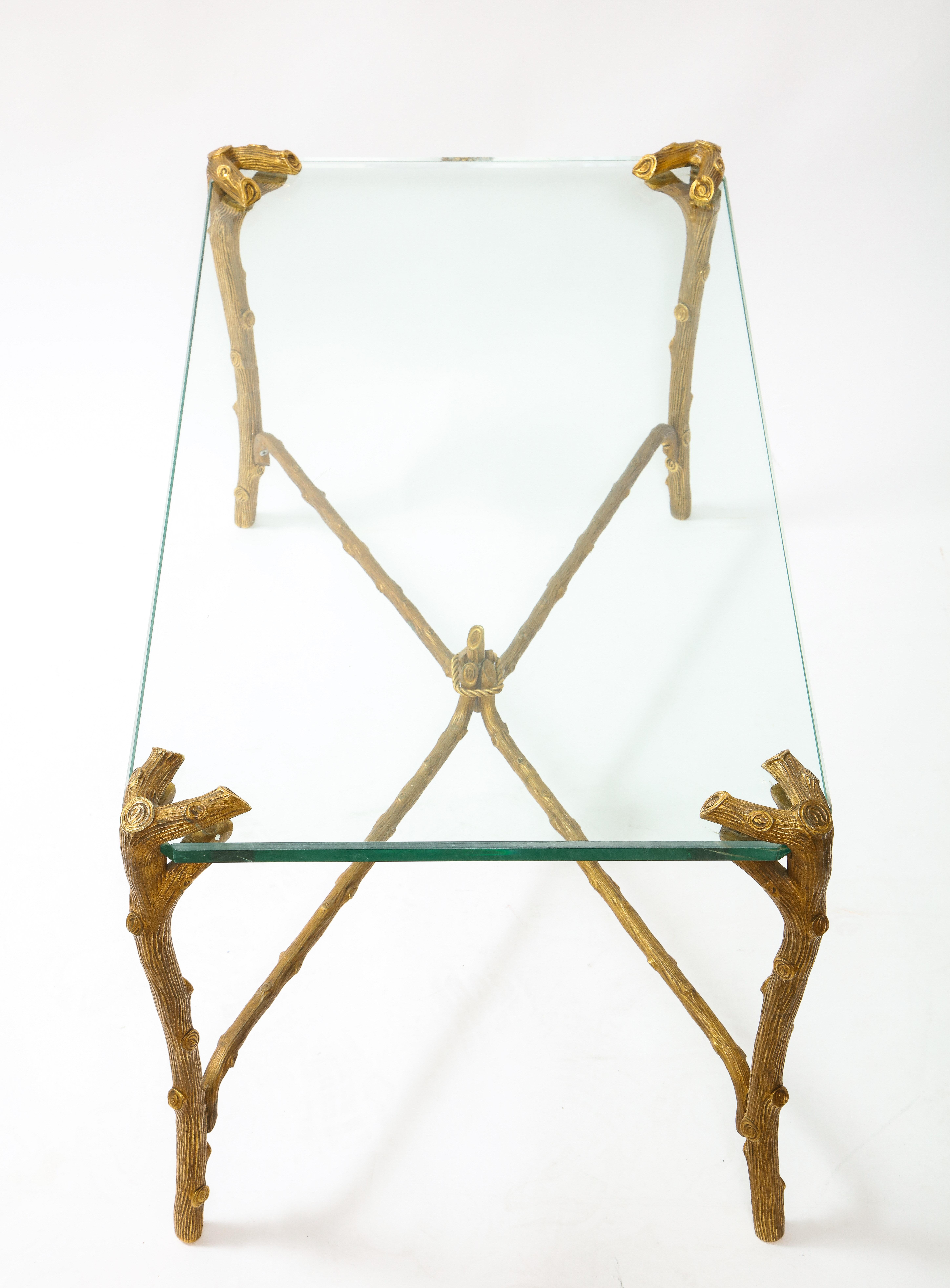 American Mid-Century Modern P.E. Guerin Faux Bois Gilt Bronze Table w/ Stretcher, Signed
