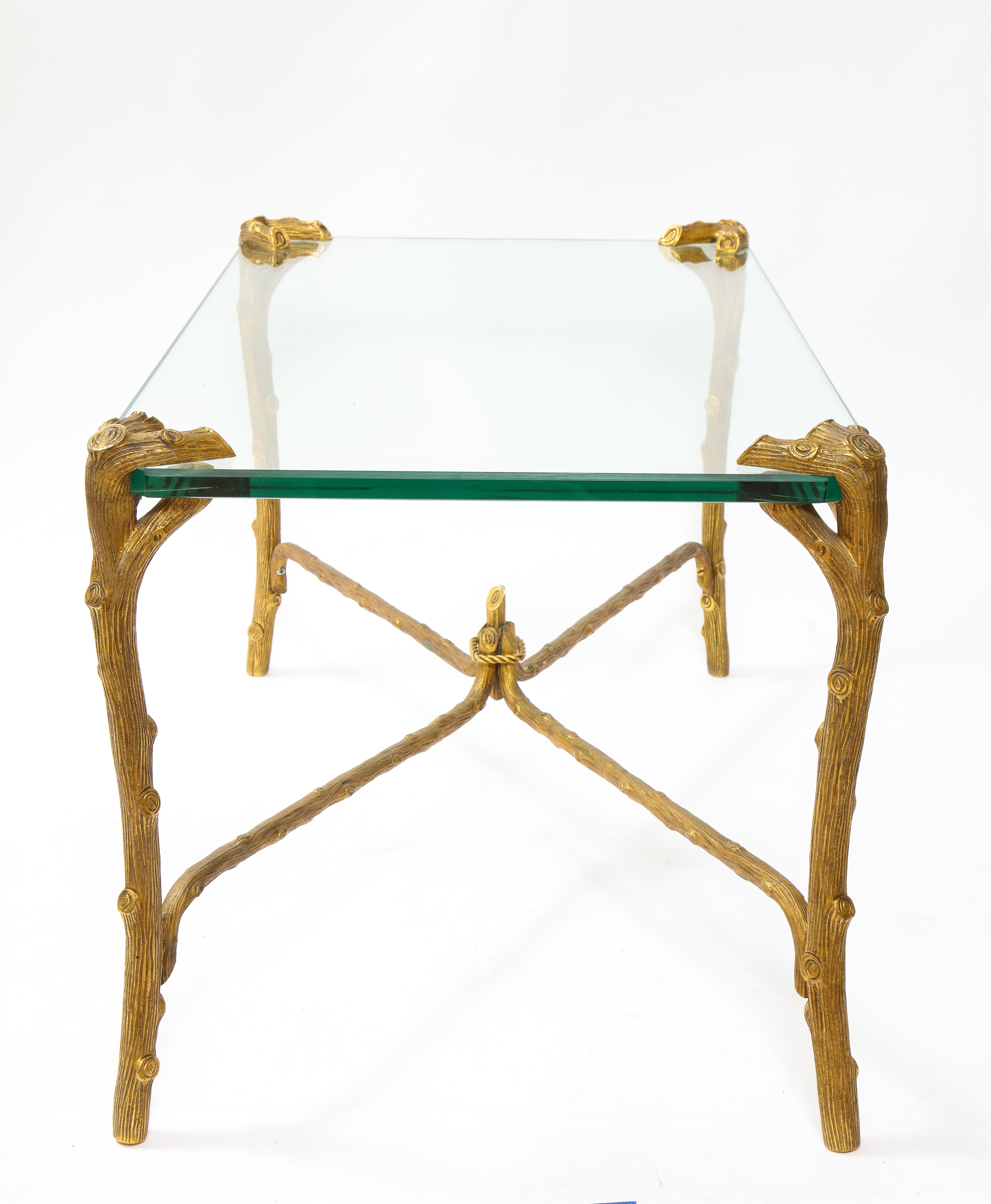 Hand-Carved Mid-Century Modern P.E. Guerin Faux Bois Gilt Bronze Table w/ Stretcher, Signed