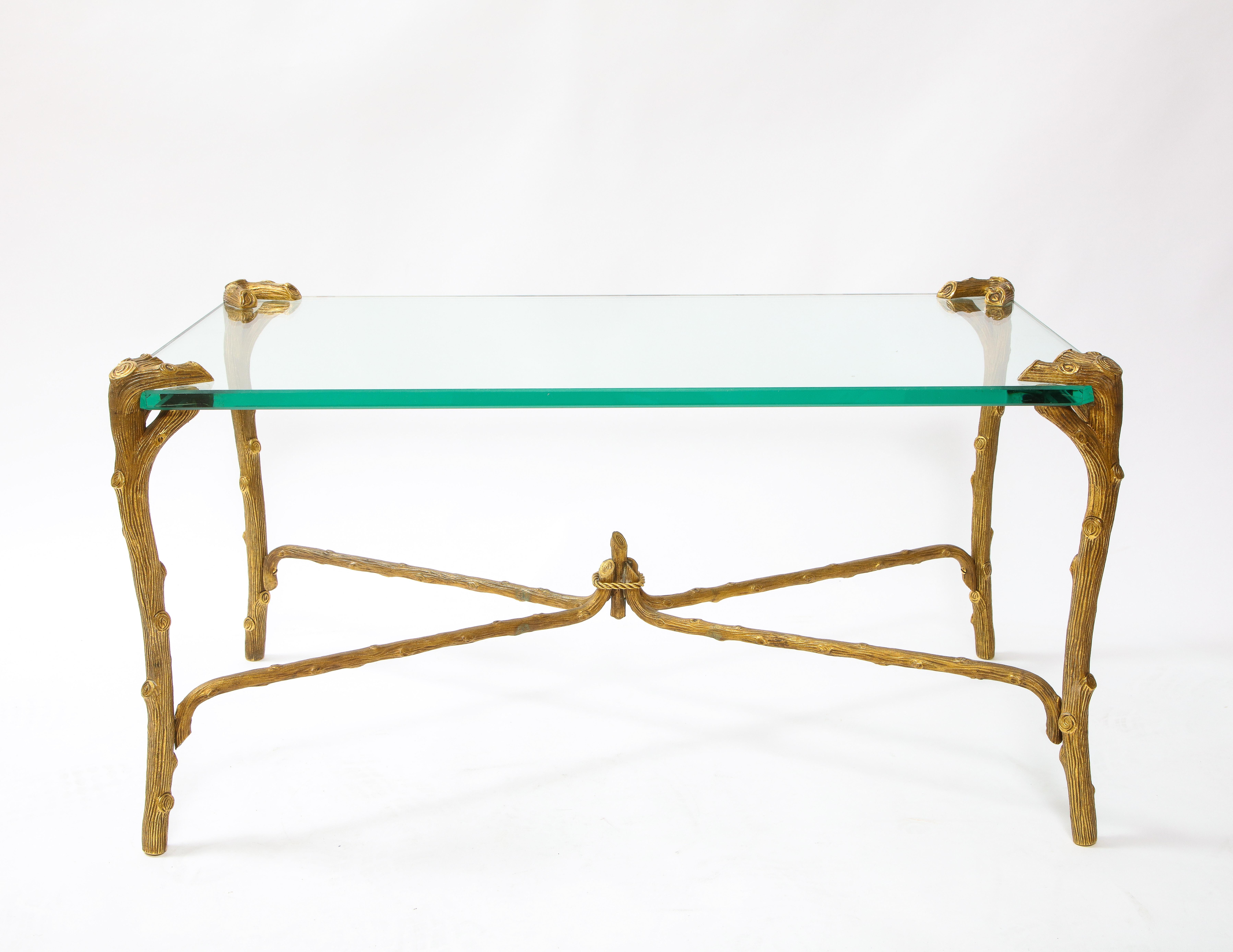 Mid-Century Modern P.E. Guerin Faux Bois Gilt Bronze Table w/ Stretcher, Signed In Good Condition In New York, NY