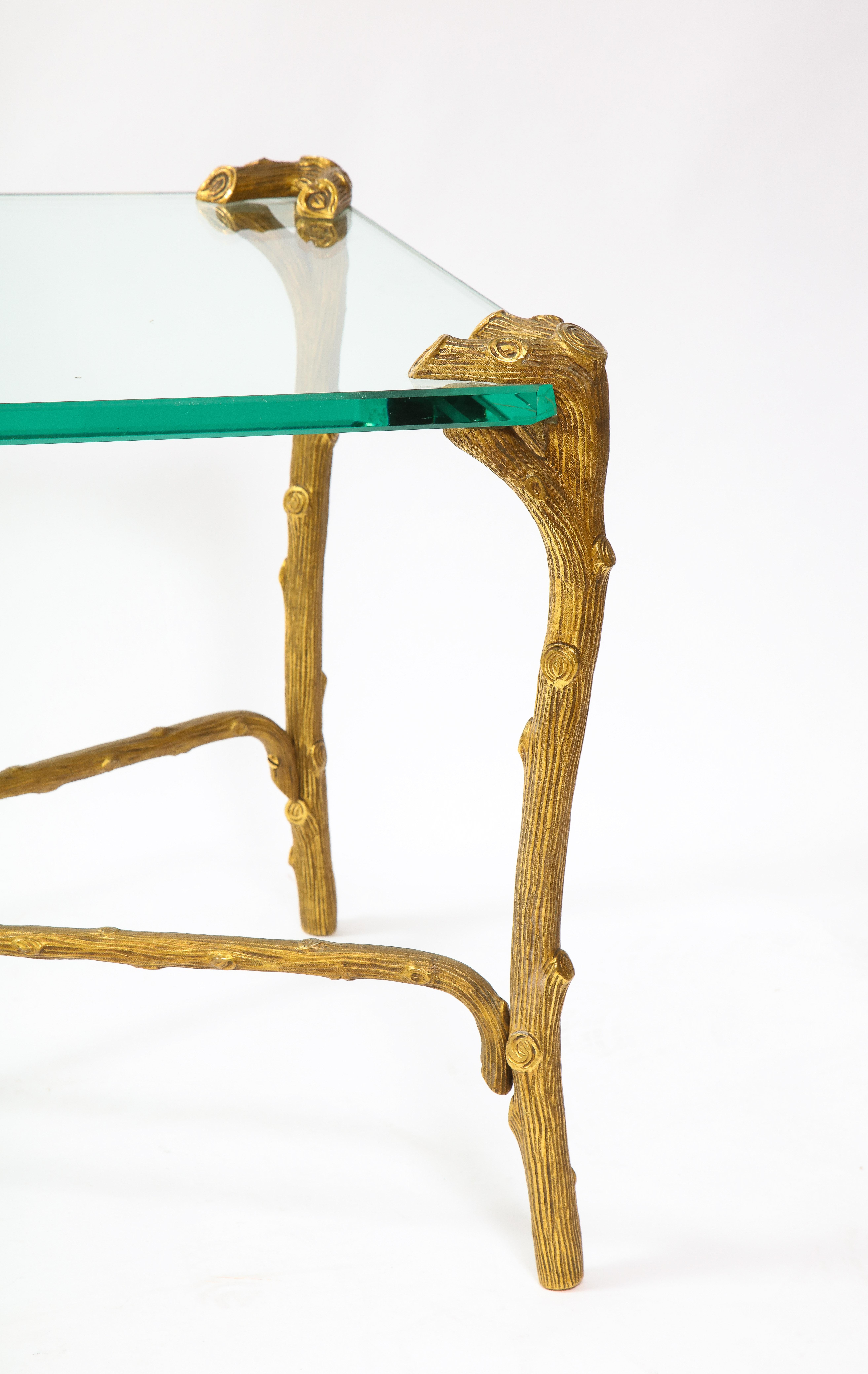 Mid-Century Modern P.E. Guerin Faux Bois Gilt Bronze Table w/ Stretcher, Signed 1