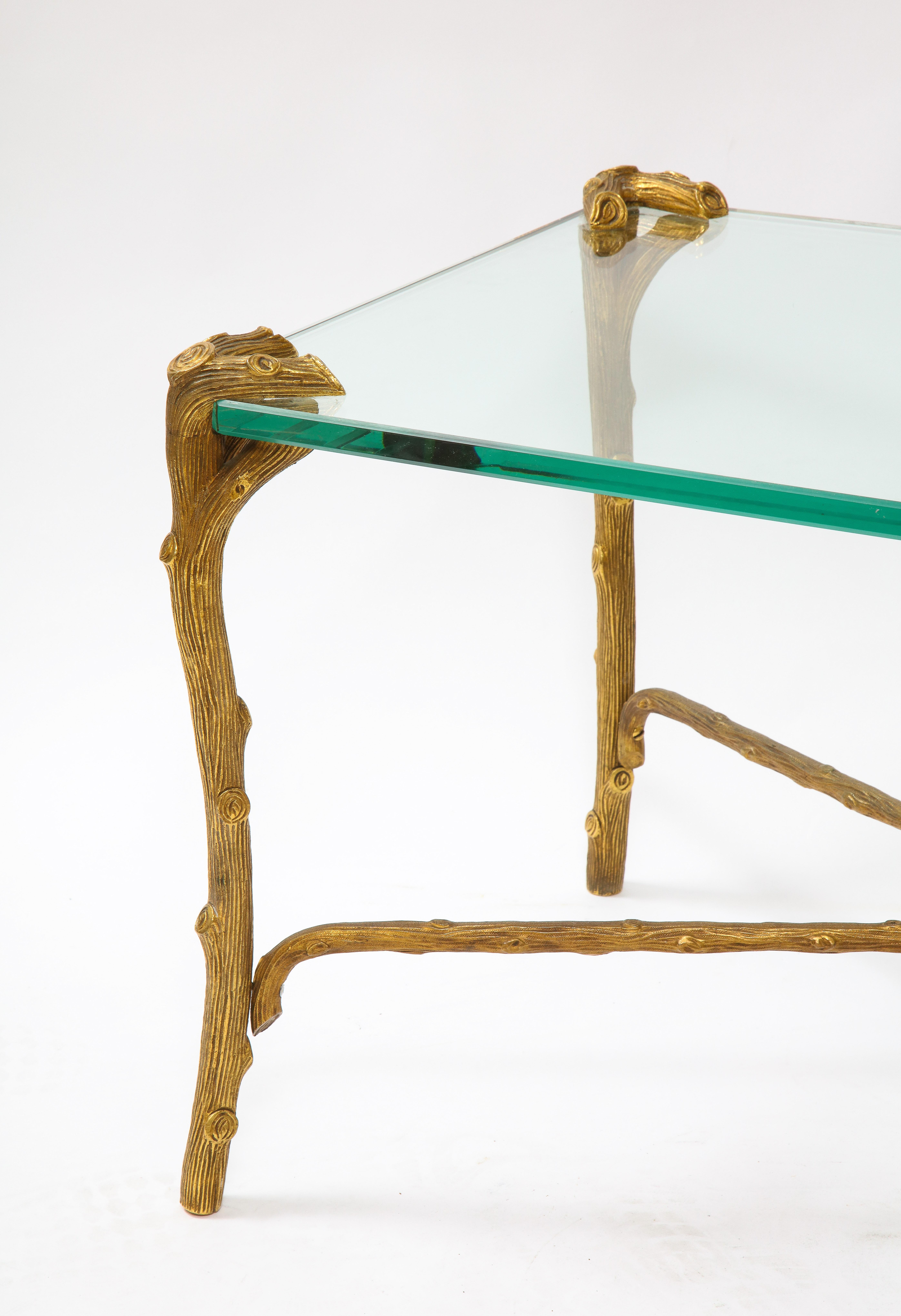 Mid-Century Modern P.E. Guerin Faux Bois Gilt Bronze Table w/ Stretcher, Signed 2