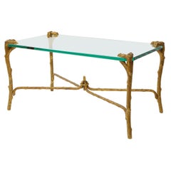 Mid-Century Modern P.E. Guerin Faux Bois Gilt Bronze Table w/ Stretcher, Signed