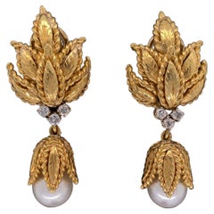 Mid-Century Modern Pearl and Diamond Gold Drop Earrings Estate Fine Jewelry