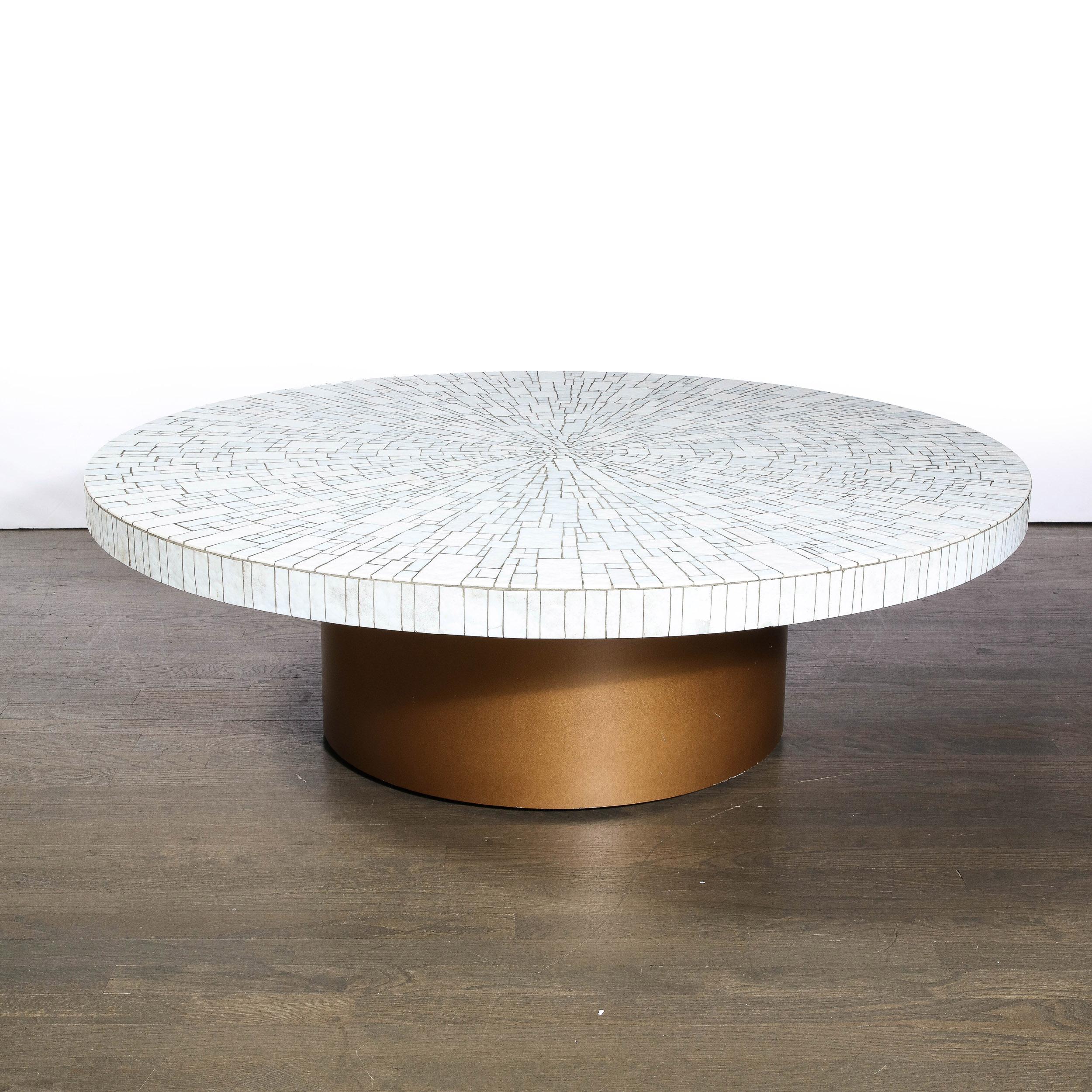 Mid-Century Modern Pearl White Tile Mosaic & Antique Gilt Base Cocktail Table For Sale 5