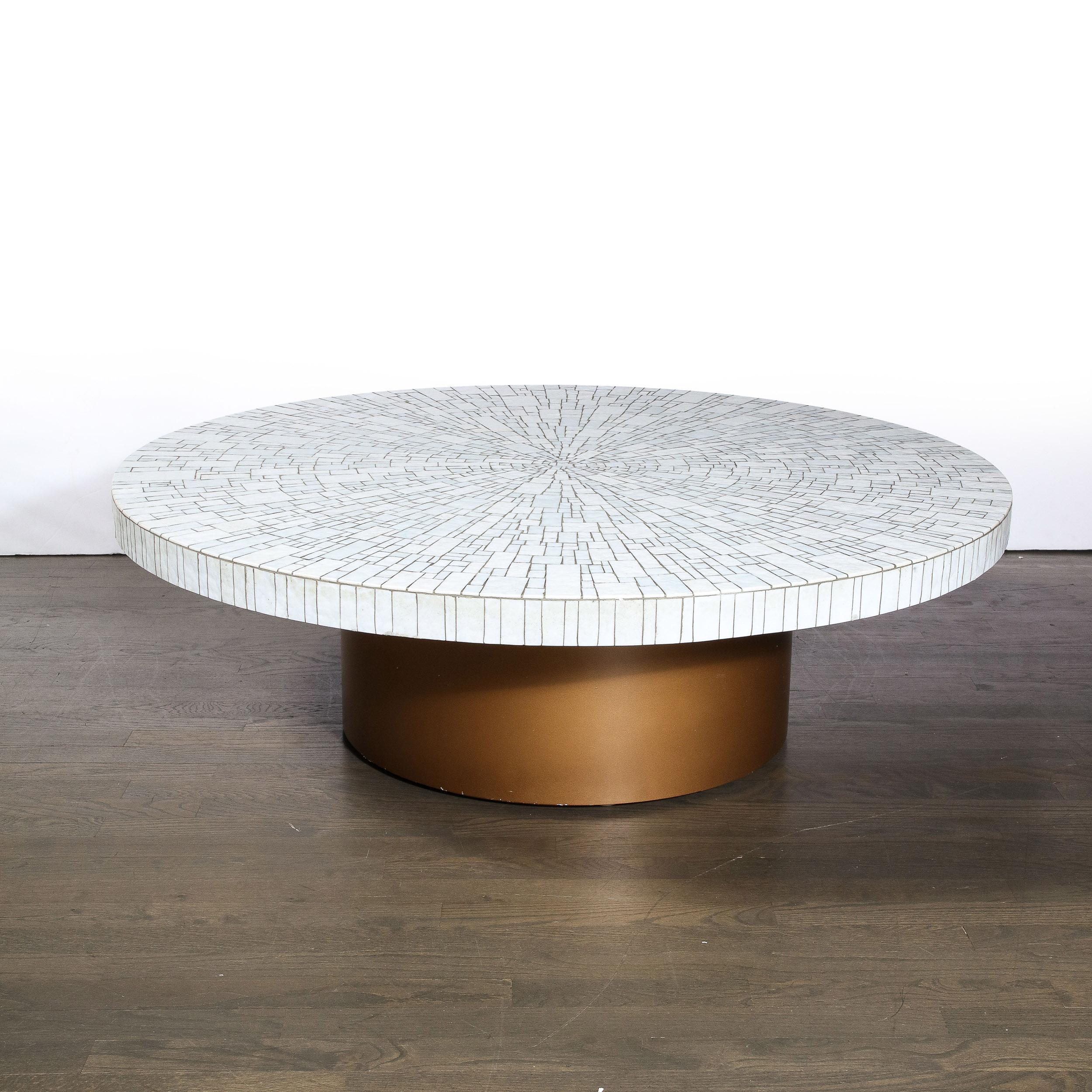 French Mid-Century Modern Pearl White Tile Mosaic & Antique Gilt Base Cocktail Table For Sale