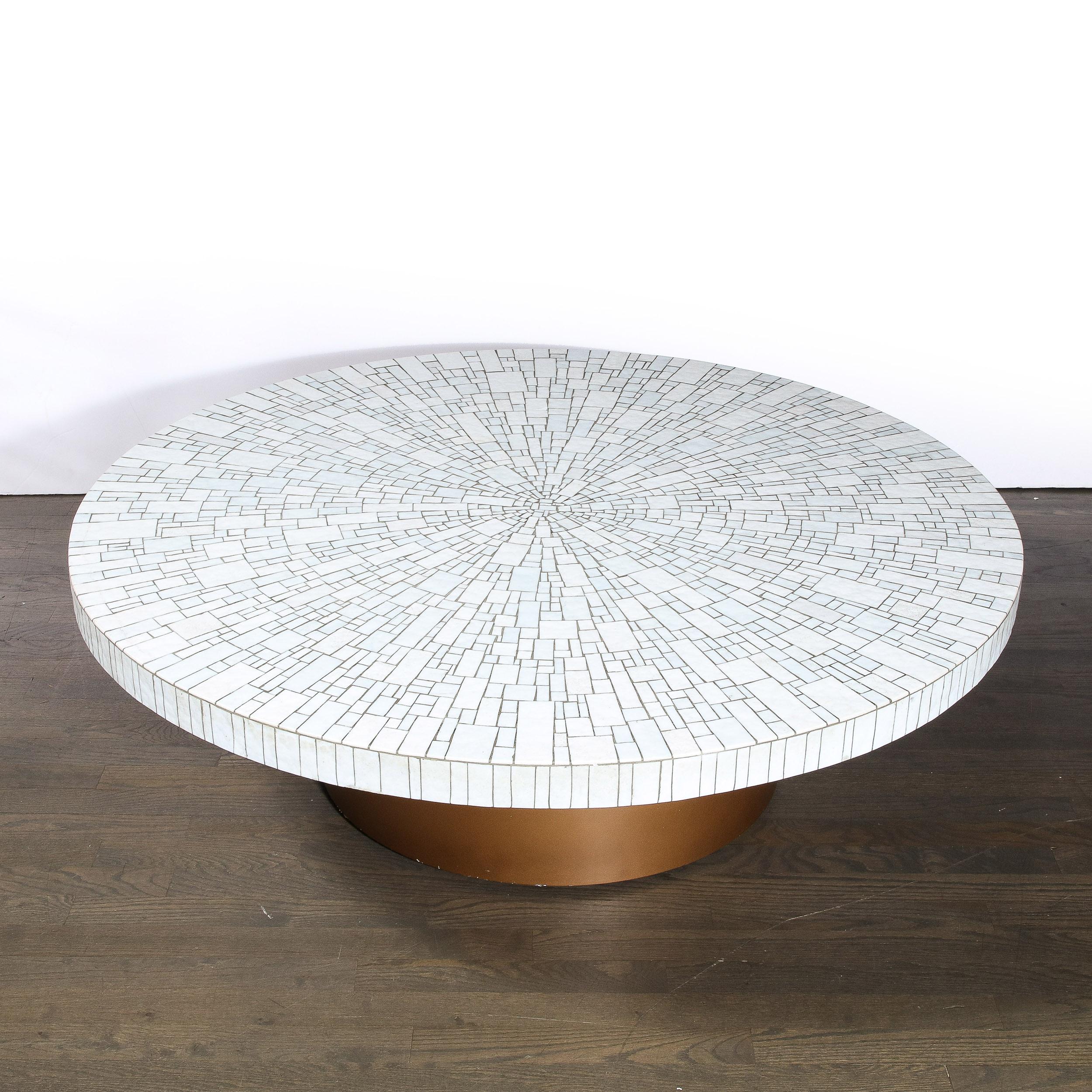 Mid-Century Modern Pearl White Tile Mosaic & Antique Gilt Base Cocktail Table In Excellent Condition For Sale In New York, NY