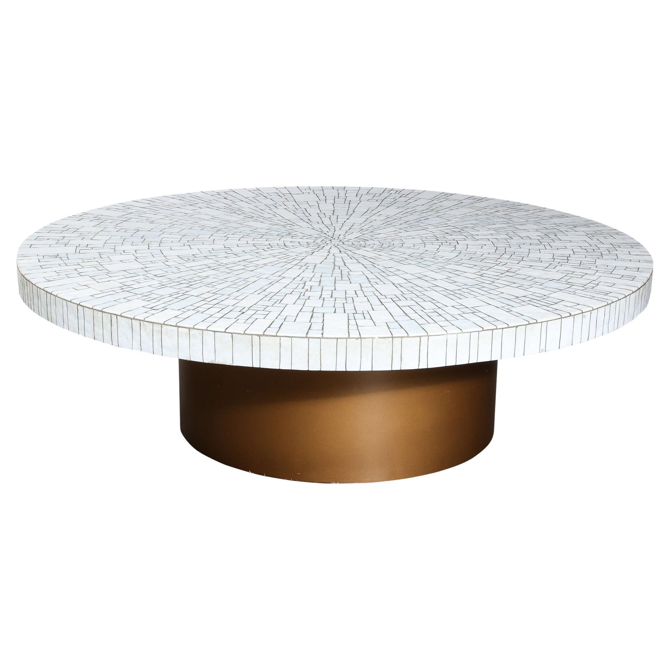 Mid-Century Modern Pearl White Tile Mosaic & Antique Gilt Base Cocktail Table For Sale