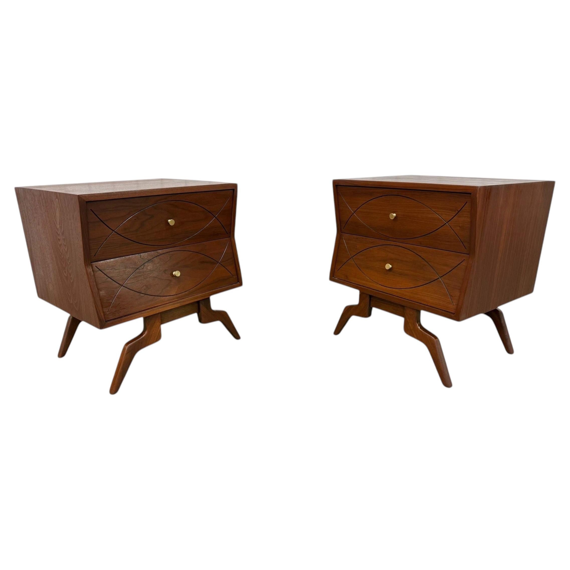 Mid-Century Modern Pearsall Style Walnut Nightstands - Set of 2 - Refinished!