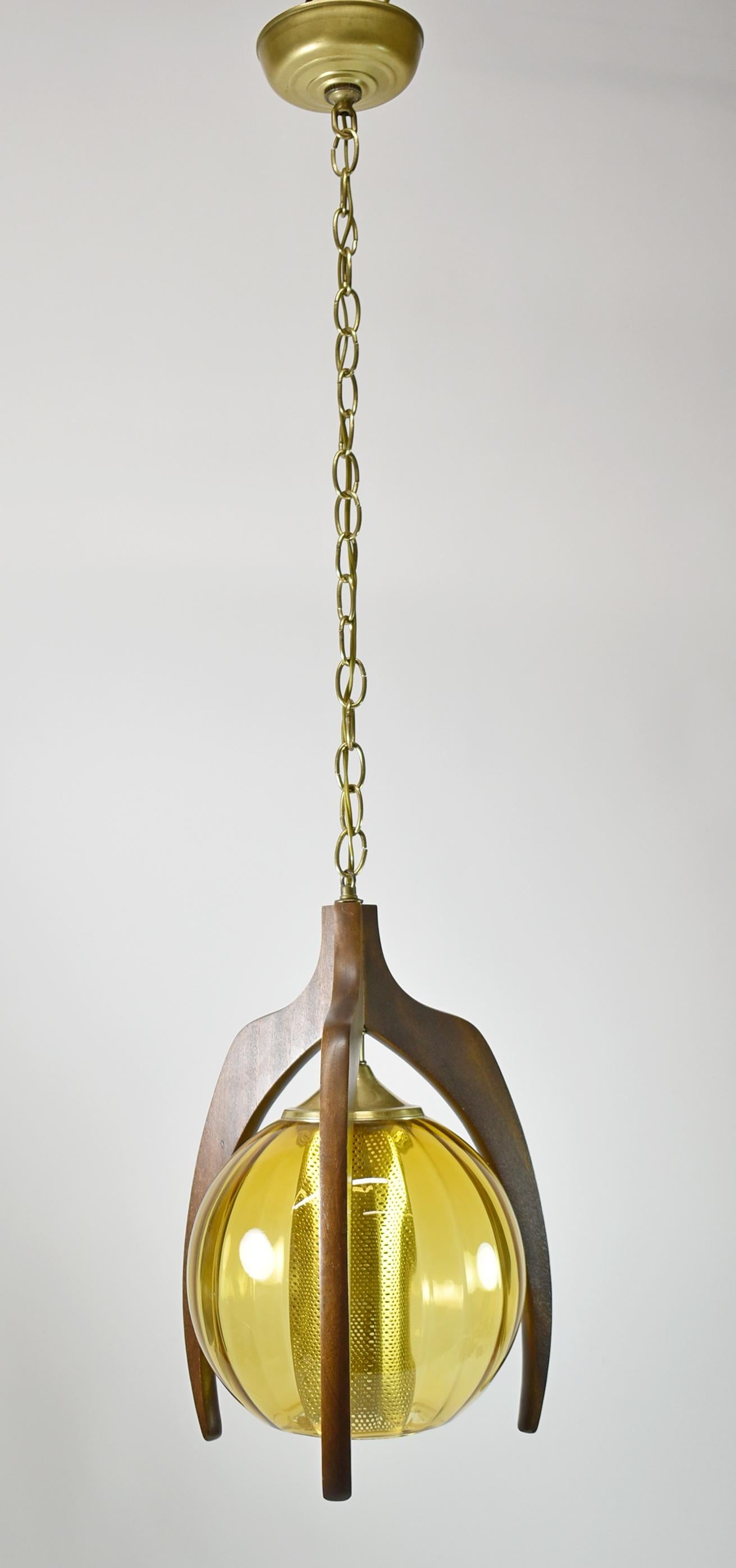 Unknown Mid Century Modern Pearsall Walnut & Amber Glass  Pendant Light For Sale