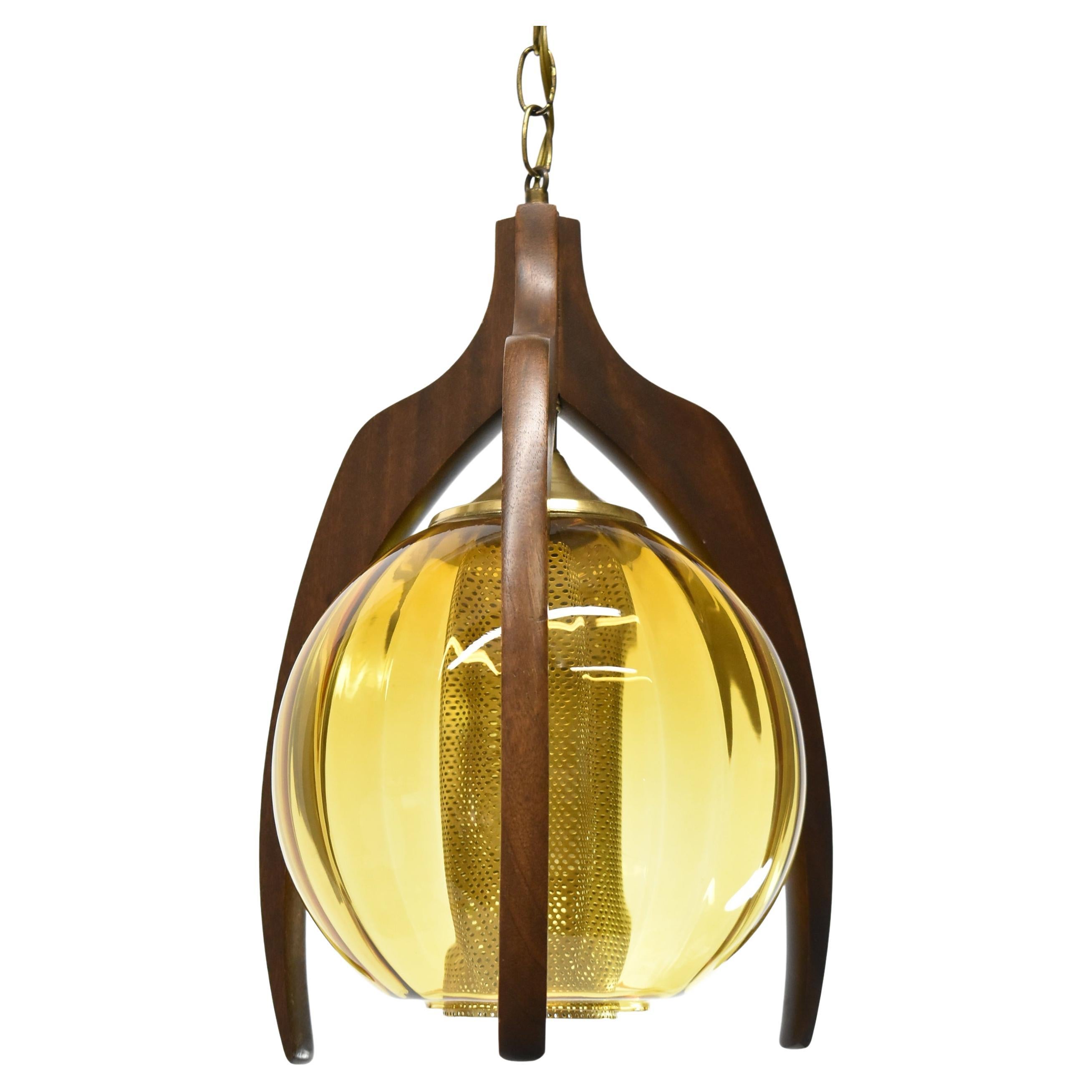 Mid Century Modern Pearsall Walnut & Amber Glass  Pendant Light