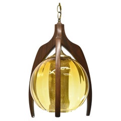 Mid Century Modern Pearsall Walnut & Amber Glass  Pendant Light