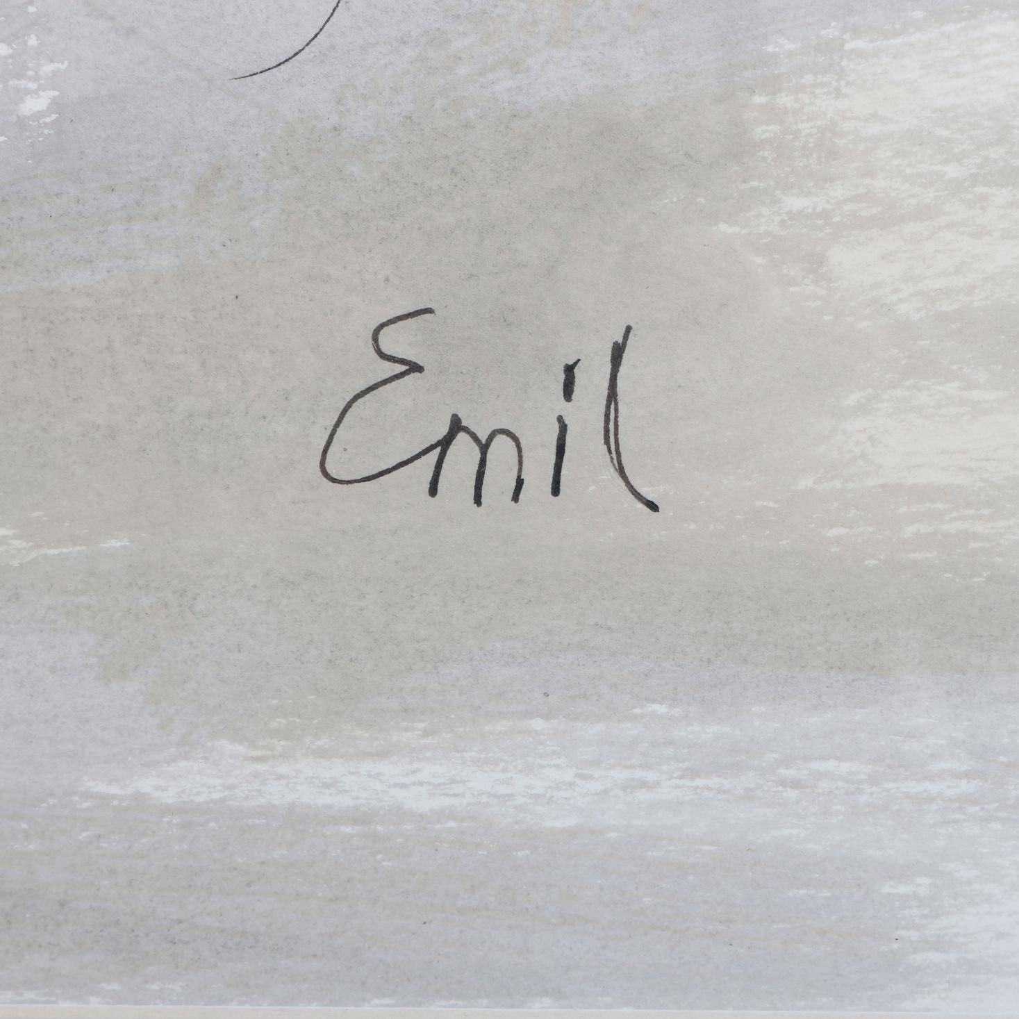 Européen Pendentif et aquarelle moderne du milieu du siècle dernier représentant une scène de courtoisie surréaliste signée Emil en vente