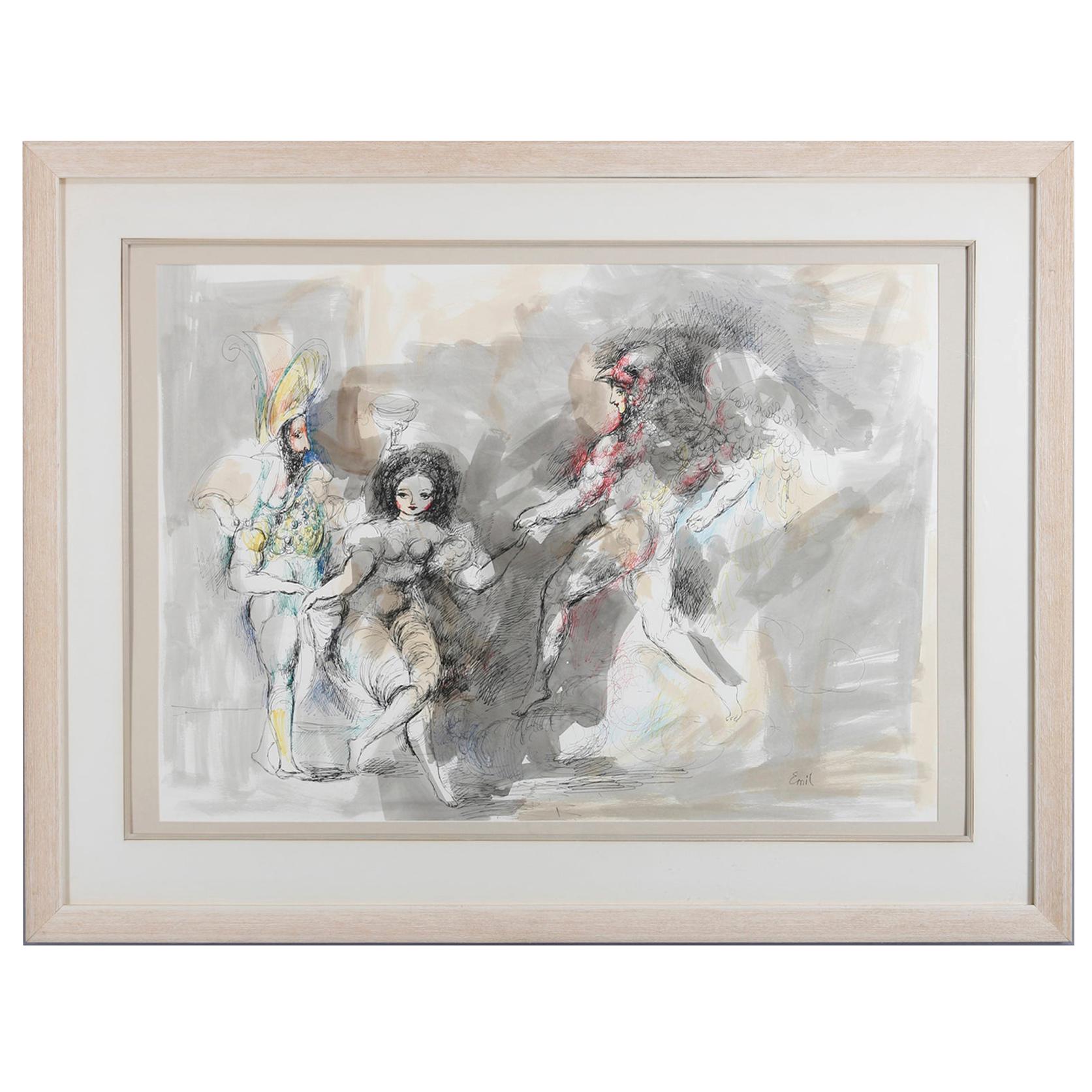 Mid-Century Modern Pen und Aquarell Surreal Courting Scene Signiert Emil im Angebot