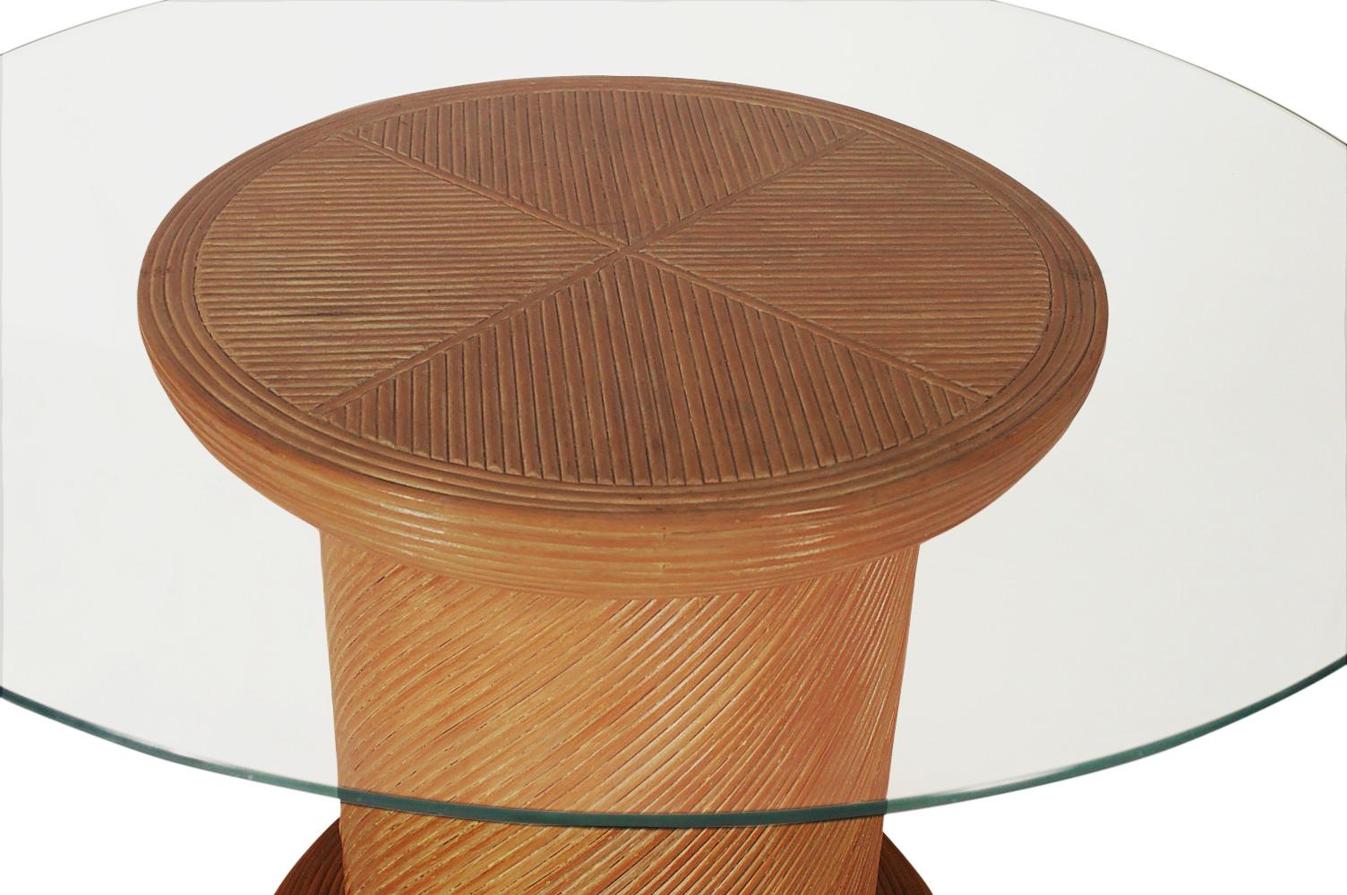 American Mid-Century Modern Pencil Reed Bamboo Circular or Round Dining Table with Glass For Sale
