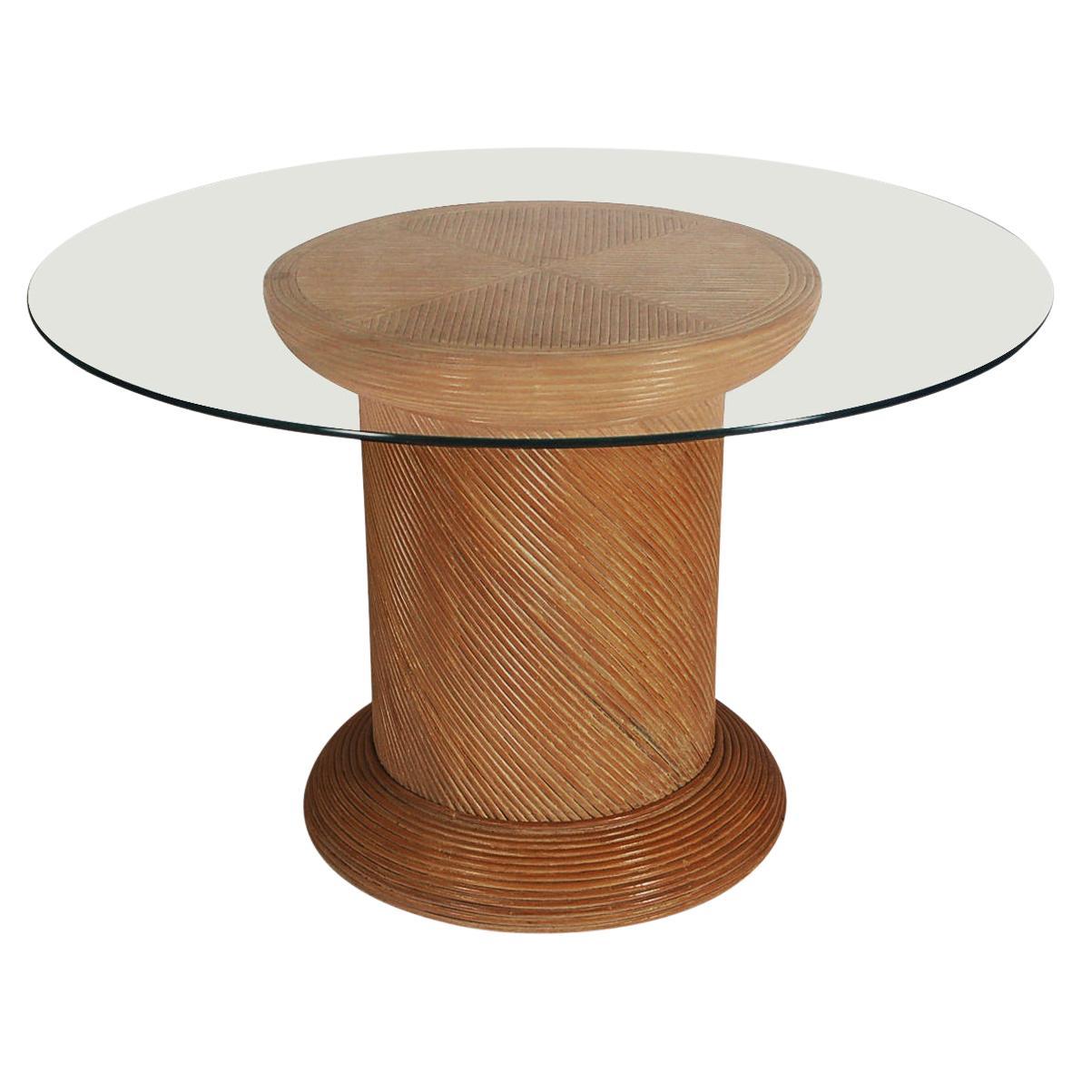 Mid-Century Modern Pencil Reed Bamboo Circular or Round Dining Table with Glass For Sale