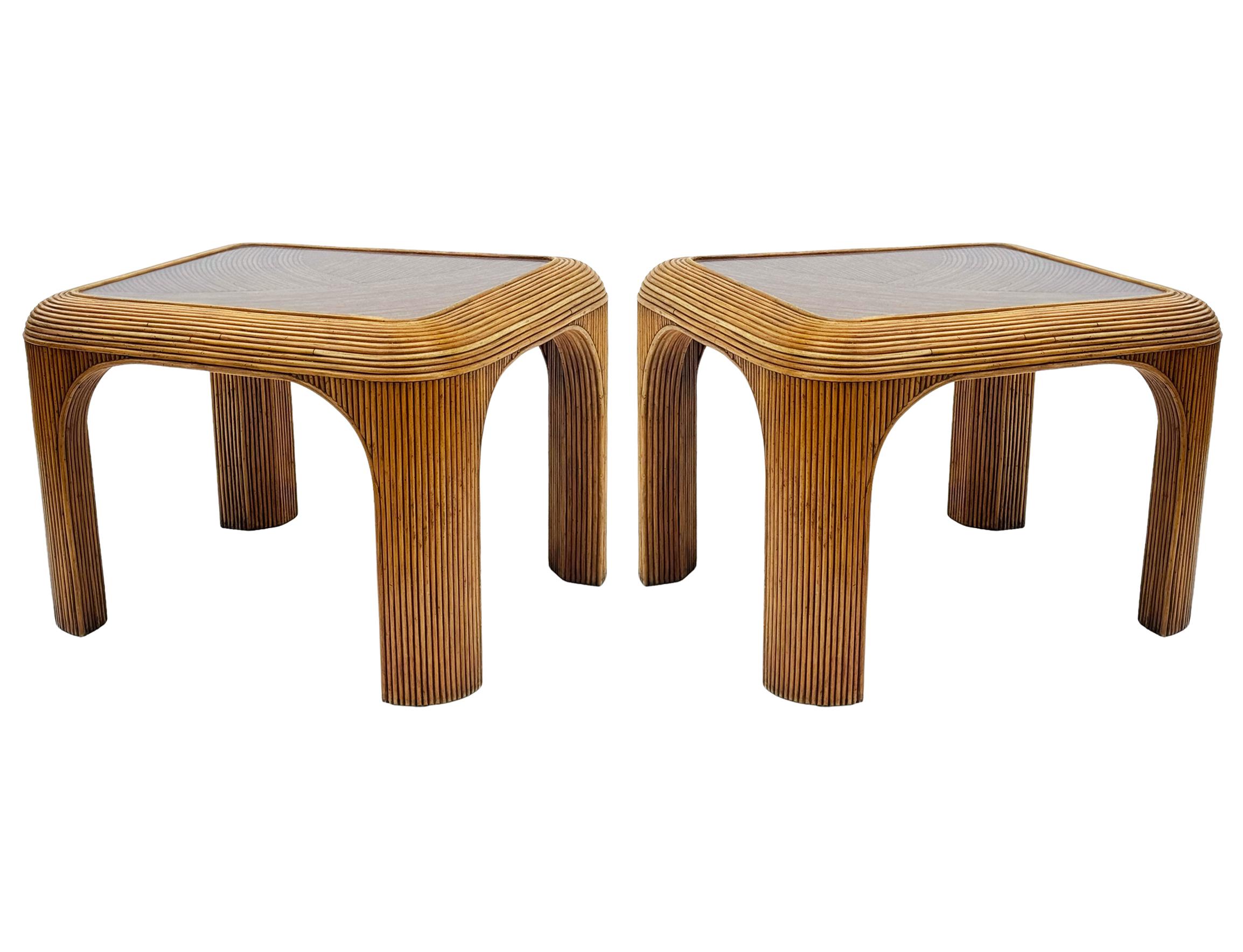 American Mid-Century Modern Pencil Reed Bamboo Side Tables or End Tables with Glass Tops