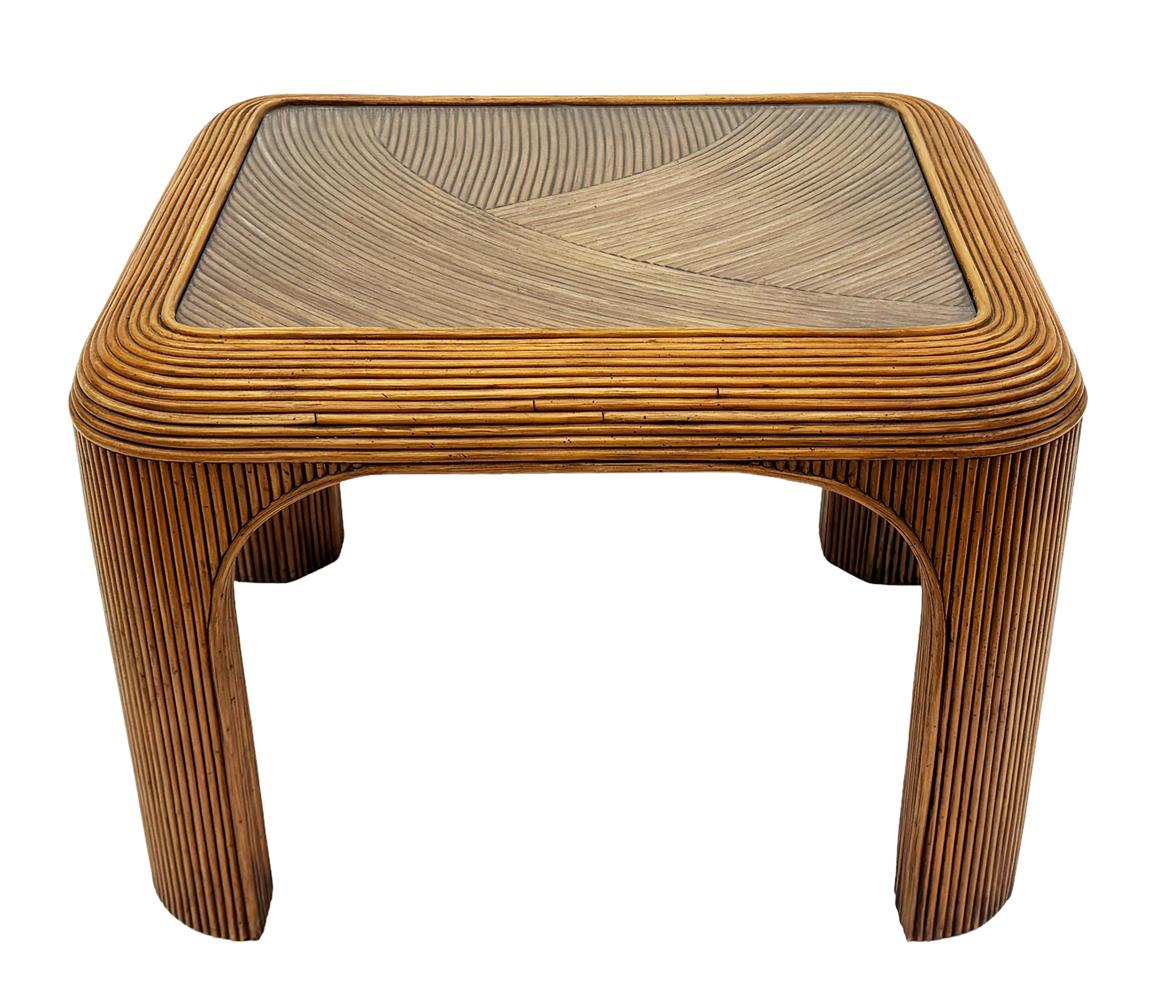 Mid-Century Modern Pencil Reed Bamboo Side Tables or End Tables with Glass Tops In Good Condition In Philadelphia, PA