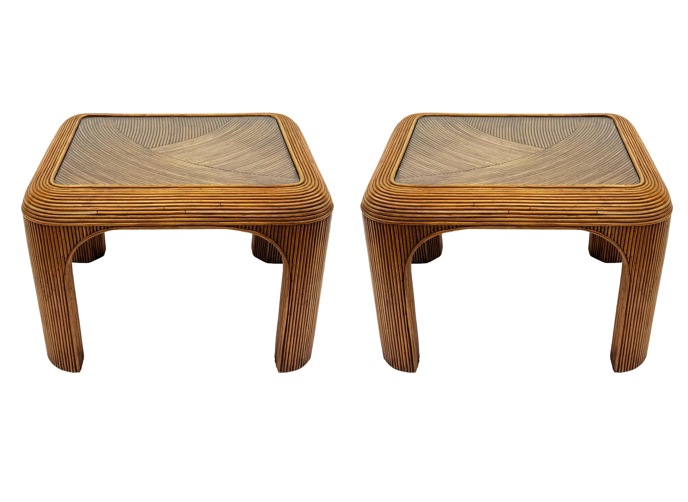 Late 20th Century Mid-Century Modern Pencil Reed Bamboo Side Tables or End Tables with Glass Tops