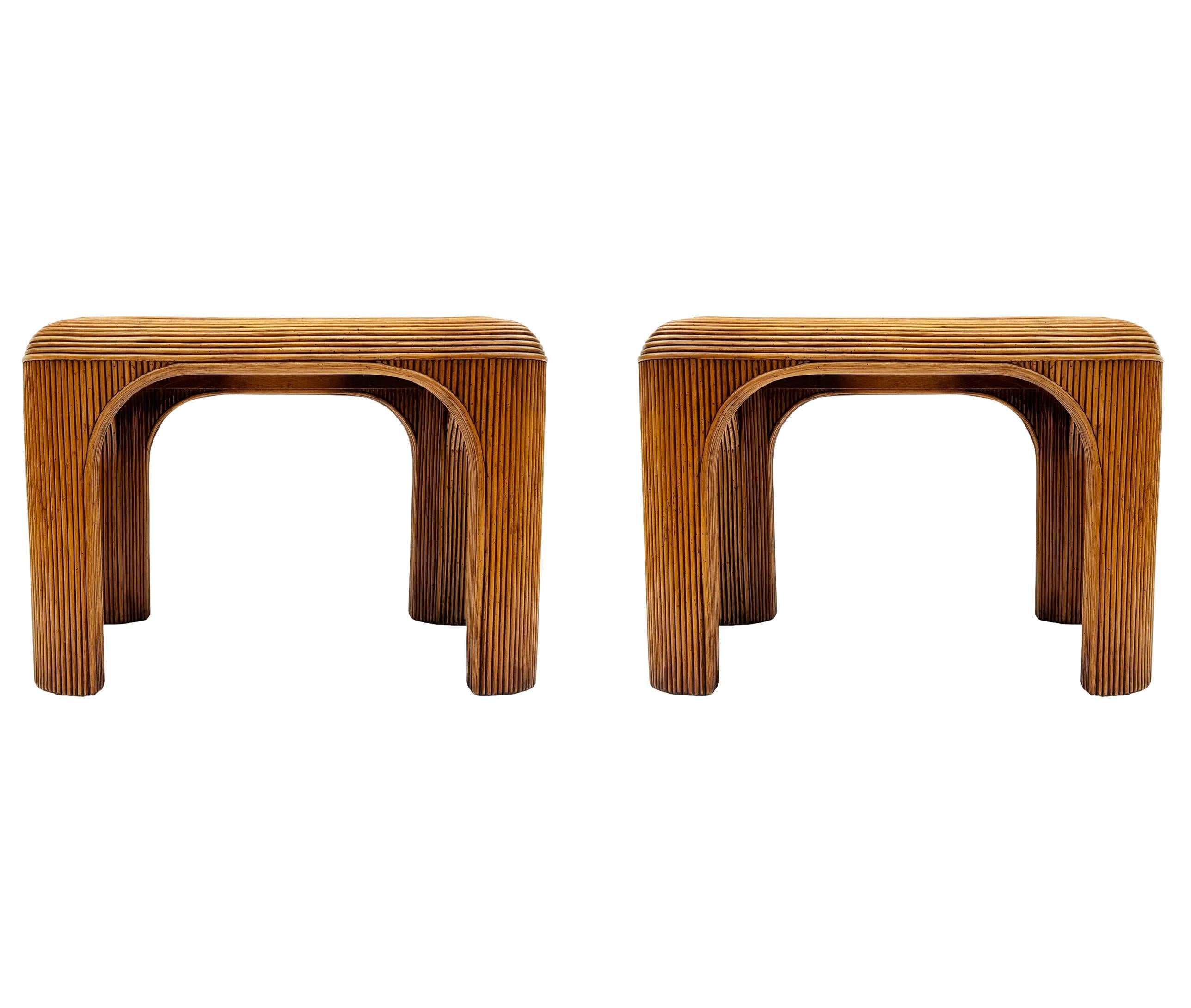 Mid-Century Modern Pencil Reed Bamboo Side Tables or End Tables with Glass Tops 2
