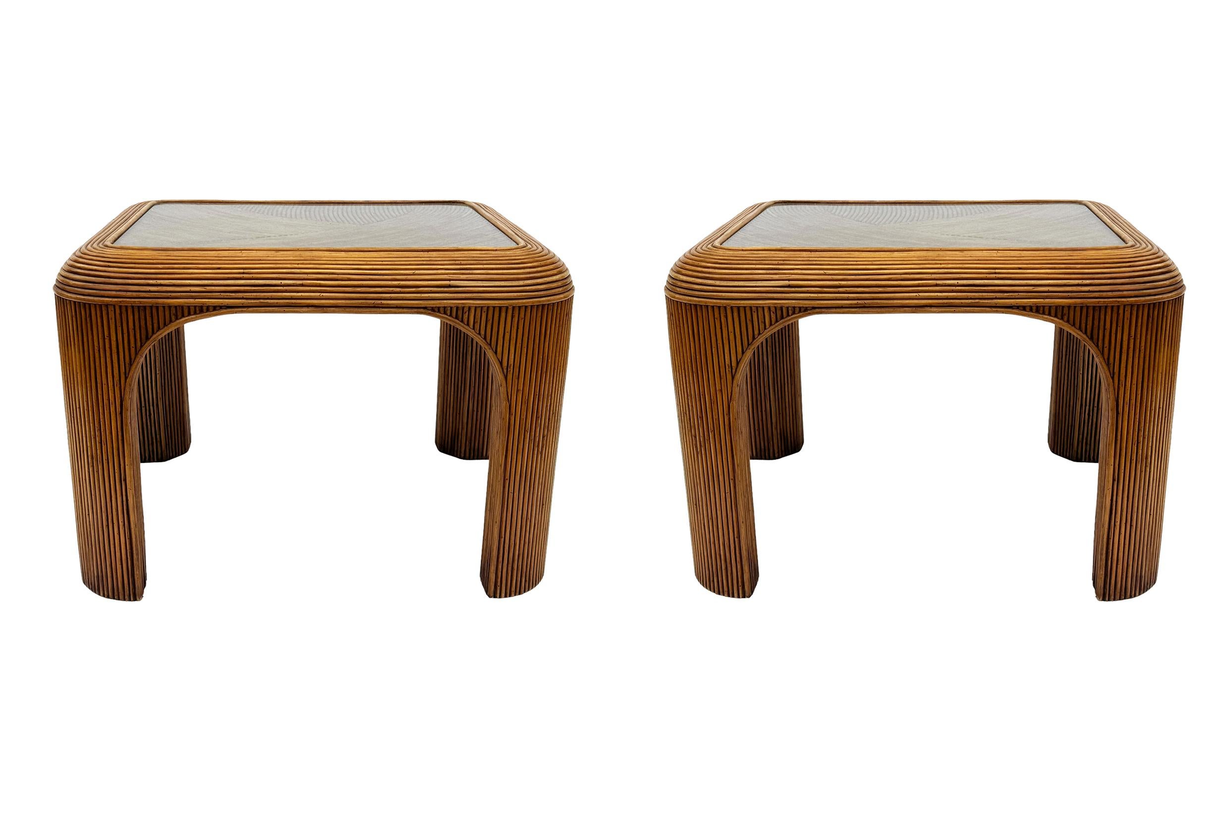 Mid-Century Modern Pencil Reed Bamboo Side Tables or End Tables with Glass Tops 4