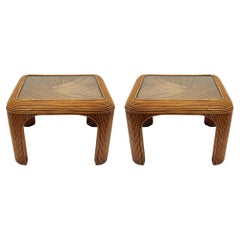 Vintage Mid-Century Modern Pencil Reed Bamboo Side Tables or End Tables with Glass Tops