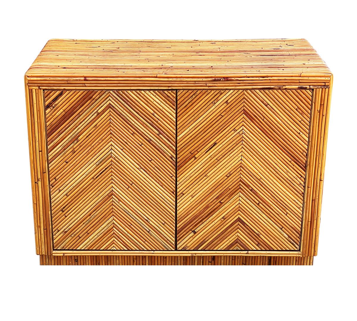 American Mid-Century Modern Pencil Reed Bamboo Sideboard or Cabinet in Chevron Pattern