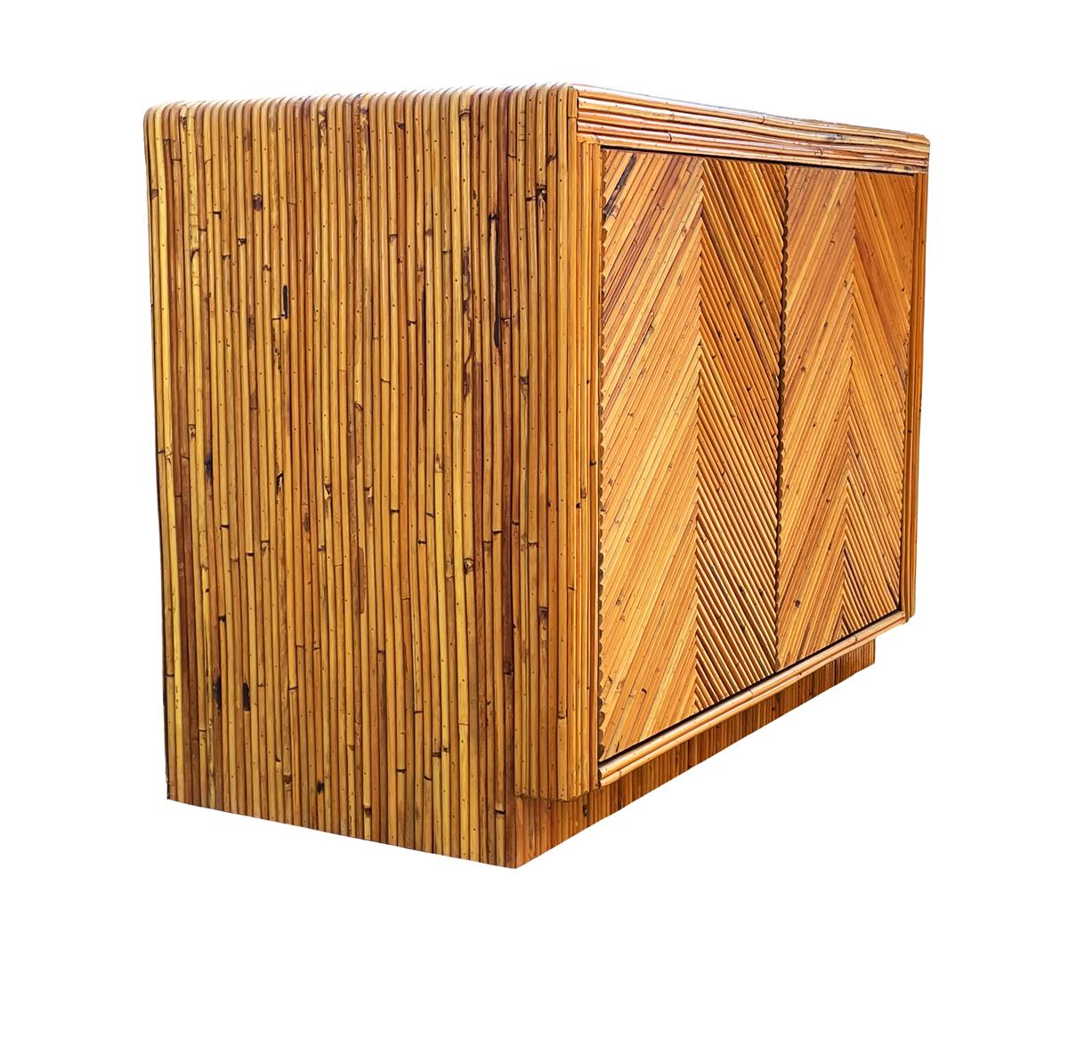 Mid-Century Modern Pencil Reed Bamboo Sideboard or Cabinet in Chevron Pattern In Good Condition In Philadelphia, PA