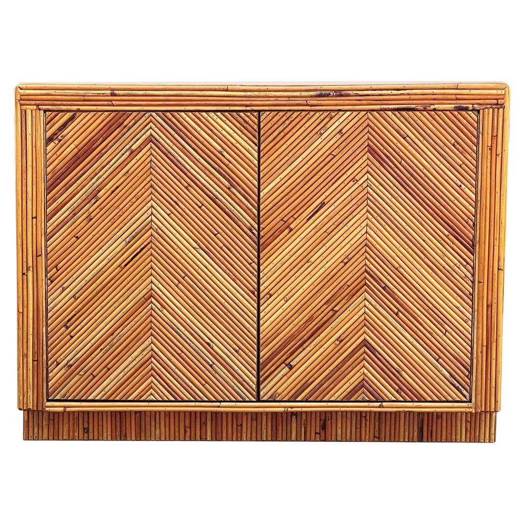 Mid-Century Modern Pencil Reed Bamboo Sideboard or Cabinet in Chevron Pattern