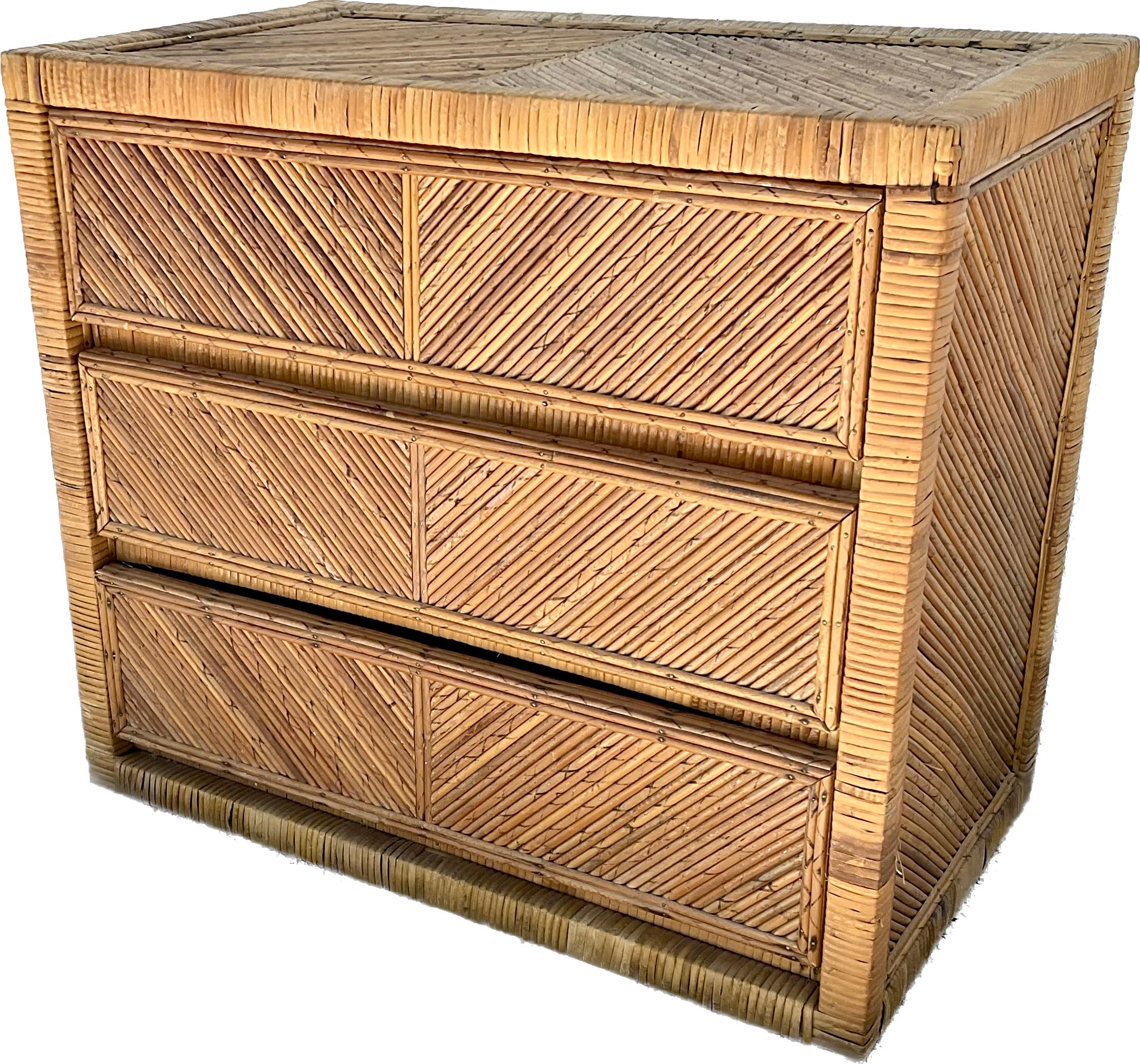 Mid-Century Modern Pencil Reed Rattan Chest In Good Condition In Bradenton, FL