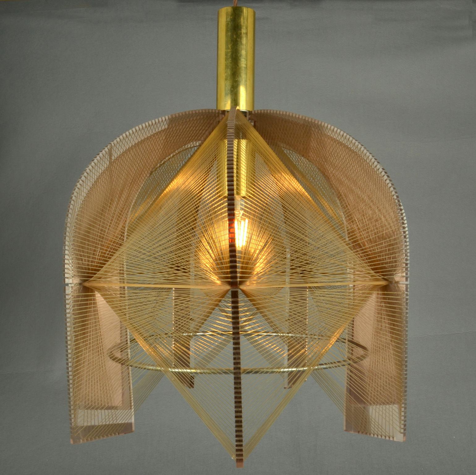 European Mid Century Modern Pendant Lamp in Bronze Lucite, Wire and Brass For Sale