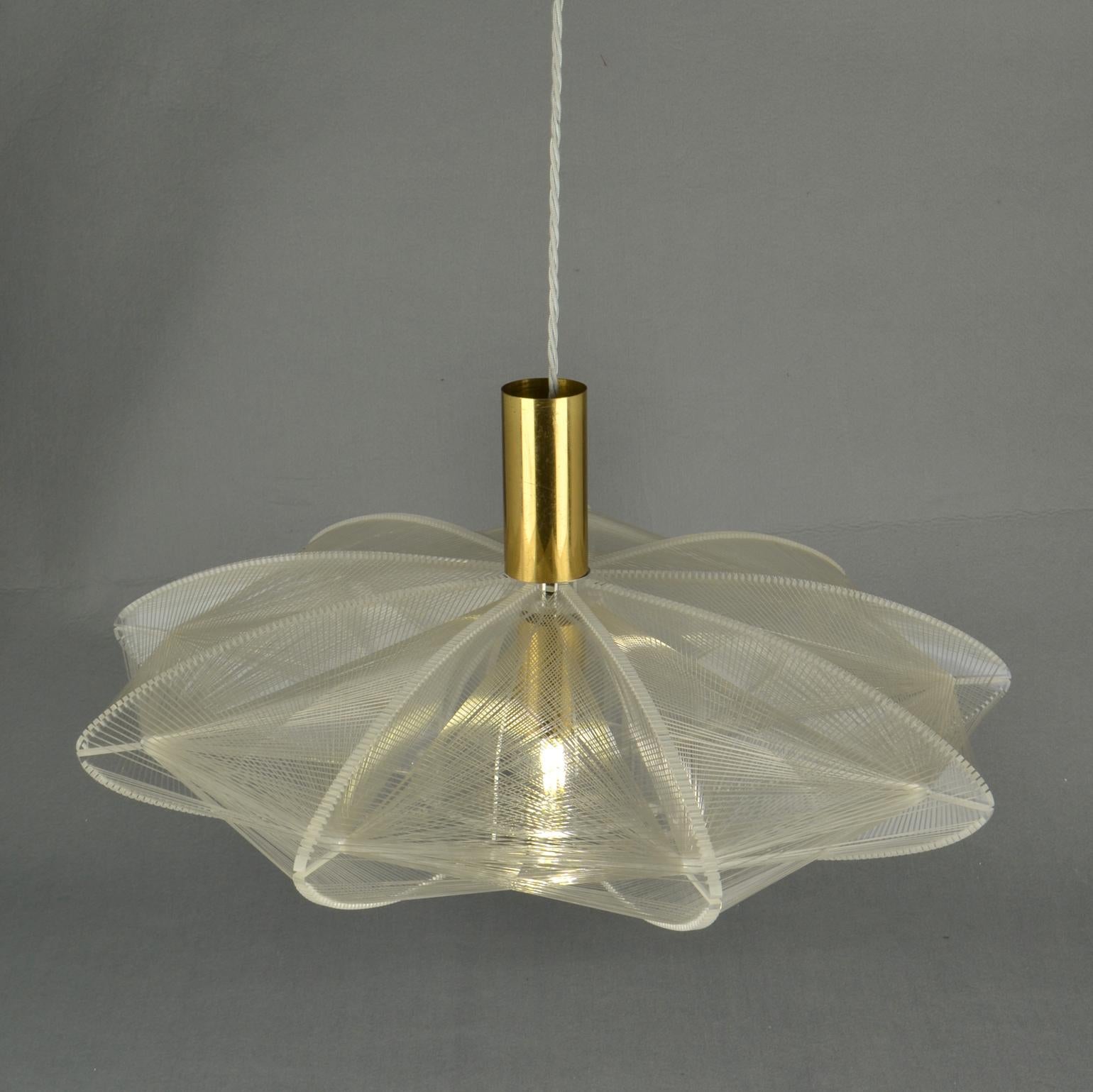 European Mid Century Modern Pendant Lamp in Lucite, Wire and Brass For Sale