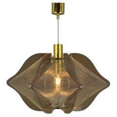 Retro Mid Century Modern Pendant Lamp in Mauve Lucite, Wire and Brass