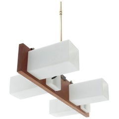 Mid-Century Modern Pendant Lamp in Teak and Opaline Glass, 1950s