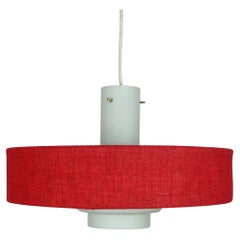 Vintage mid century modern PENDANT LAMP white glass shade red fabric 1960s