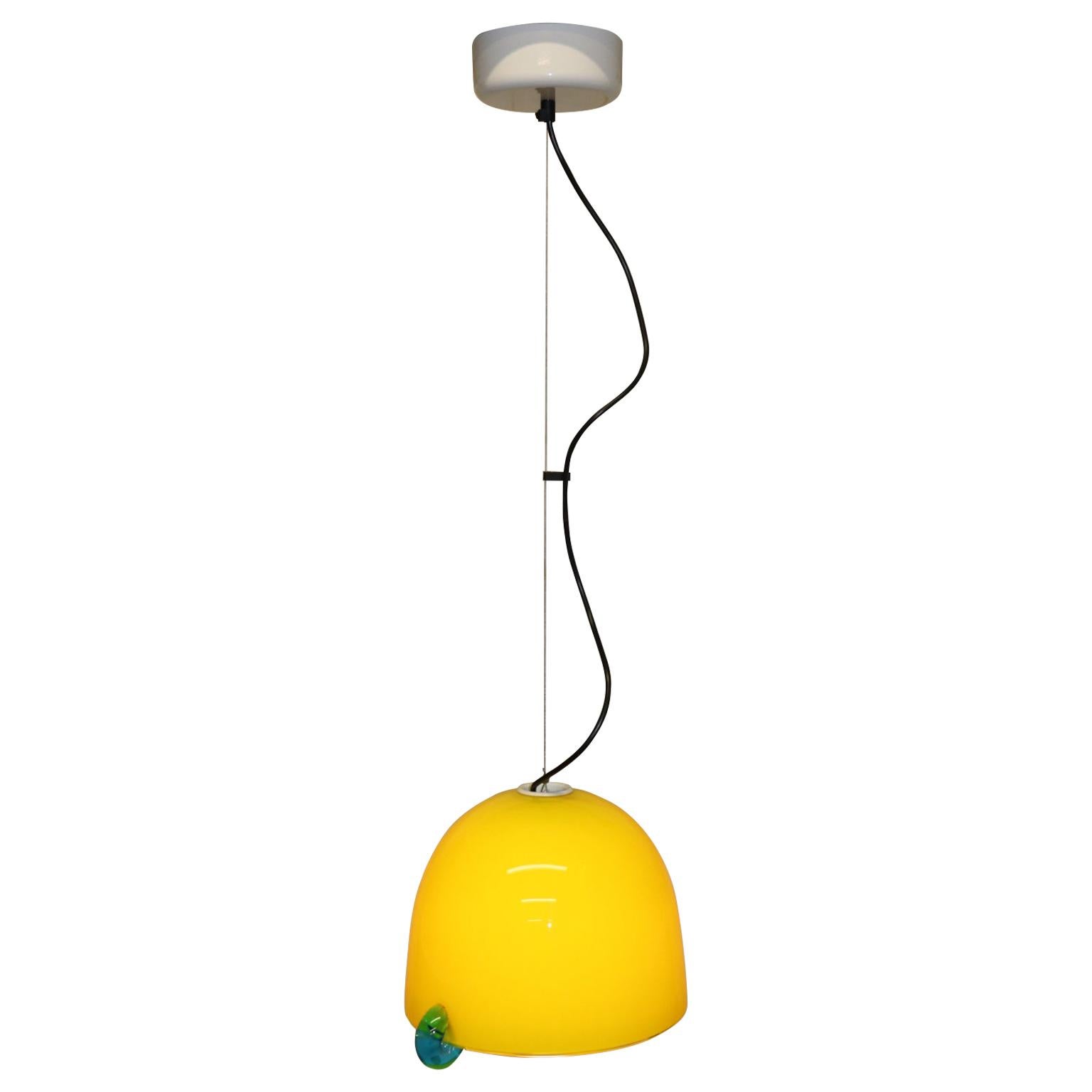Mid-Century Modern Pendant Light Murano Blown Yellow Glass with Aqua Accent For Sale