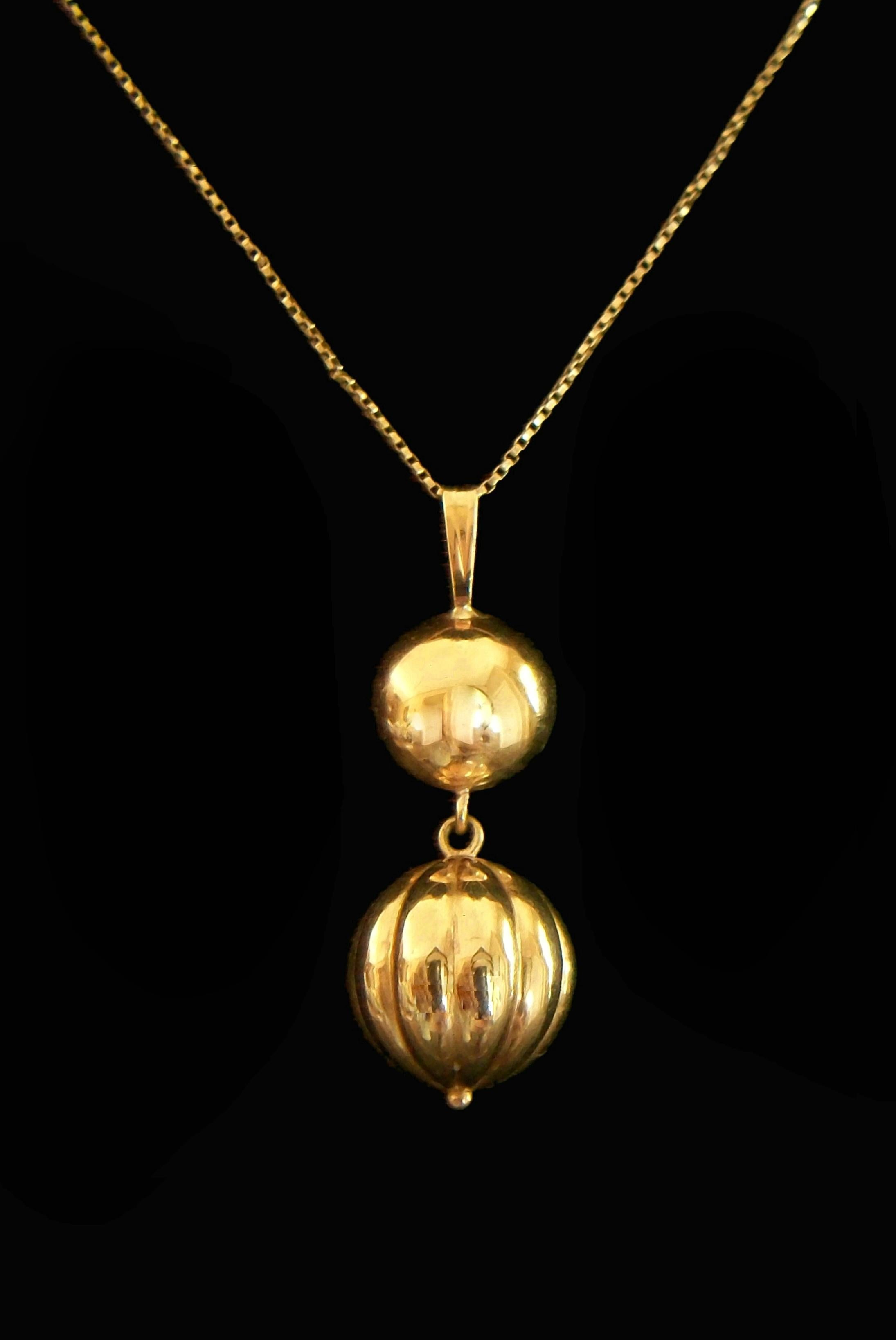 Mid Century Modern pendant necklace - hand made from 10K yellow gold - pendant suspended by a large bale on an 18