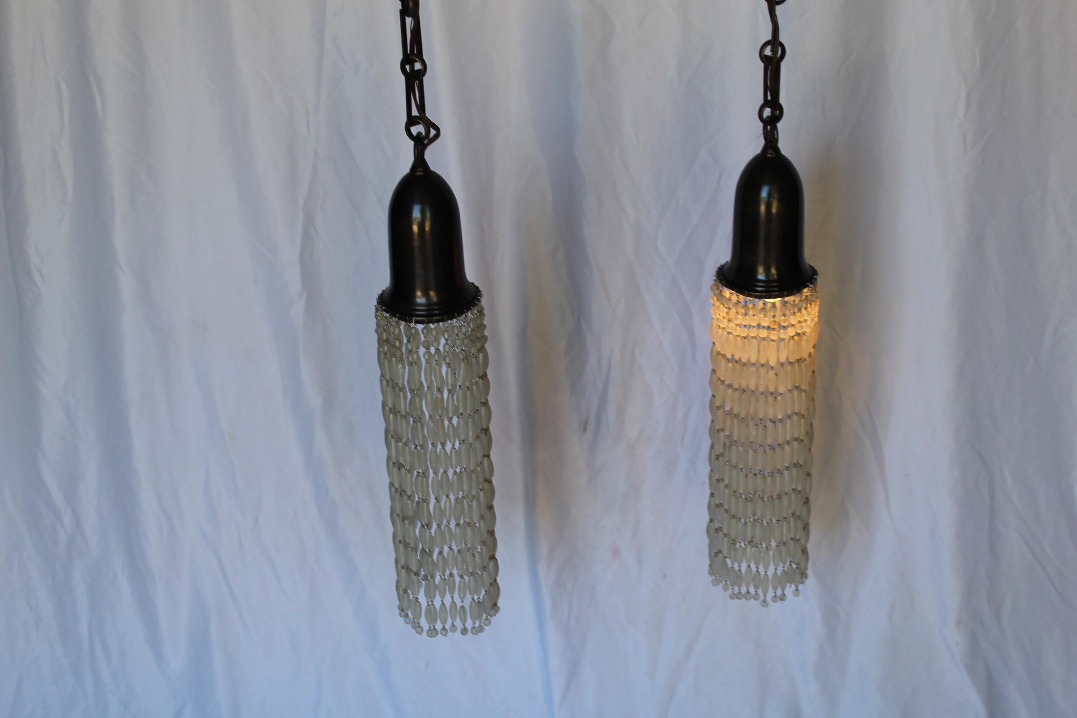 Mid-Century Modern Pendants in Antique Brass Finish Glass Beads For Sale 4