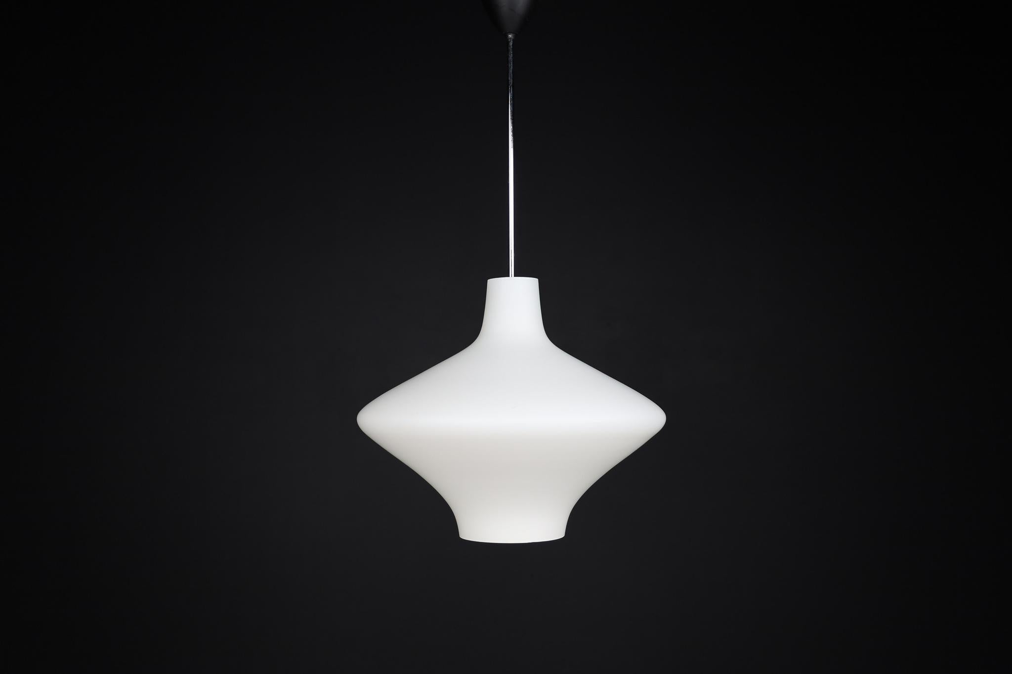 European Mid-Century Modern Pendants, Steel and Opaline Glass, Europe, 1960s For Sale