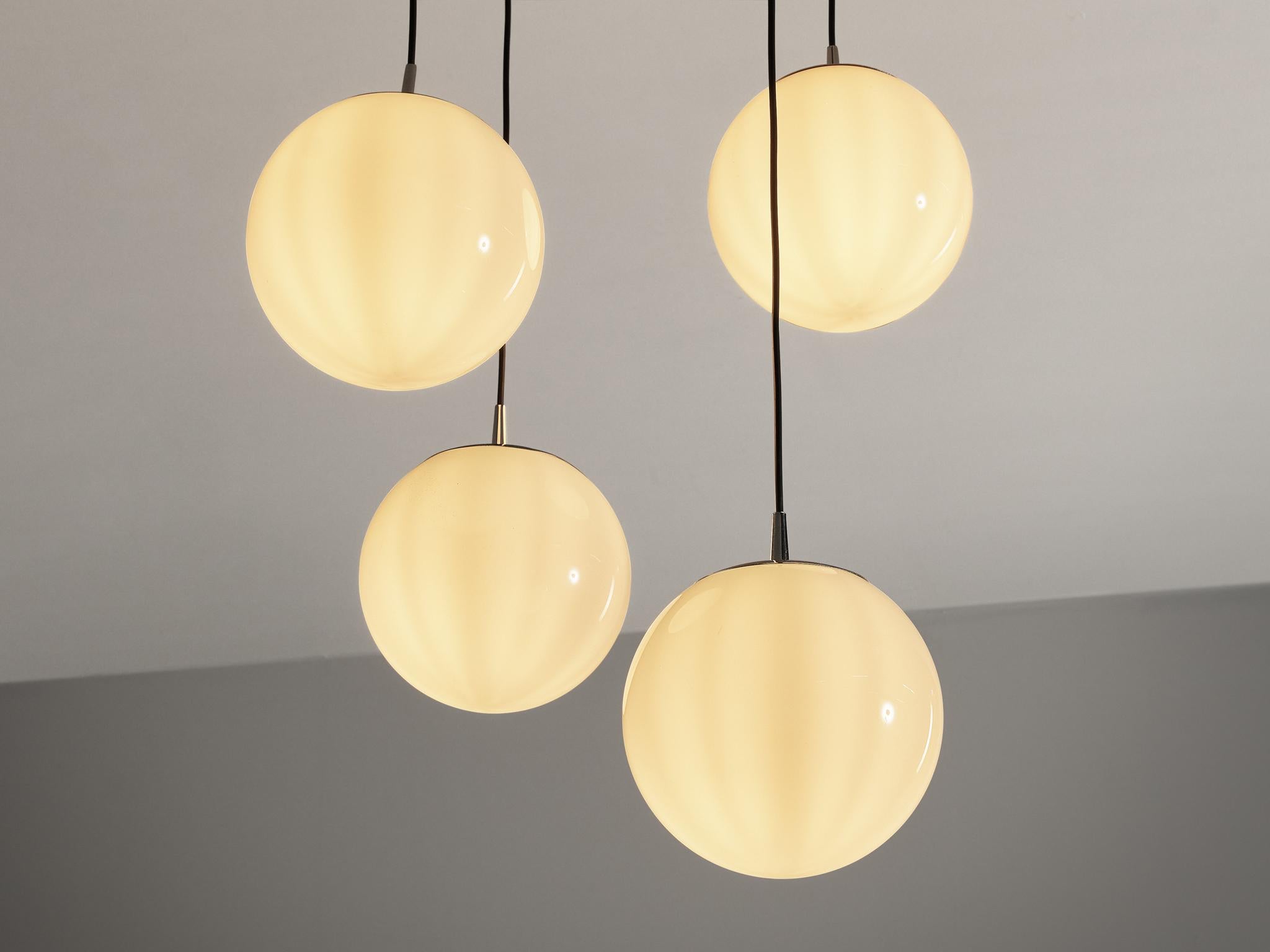 Metal Mid-Century Modern Pendants with White Glass Spheres  For Sale