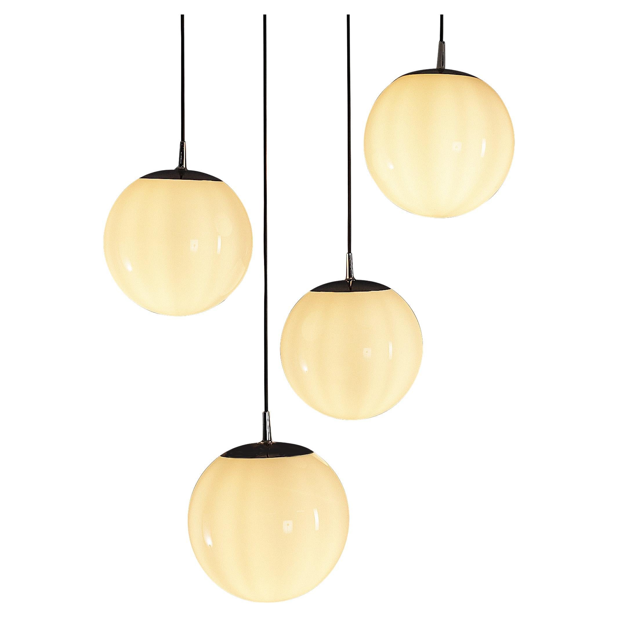 Mid-Century Modern Pendants with White Glass Spheres  For Sale
