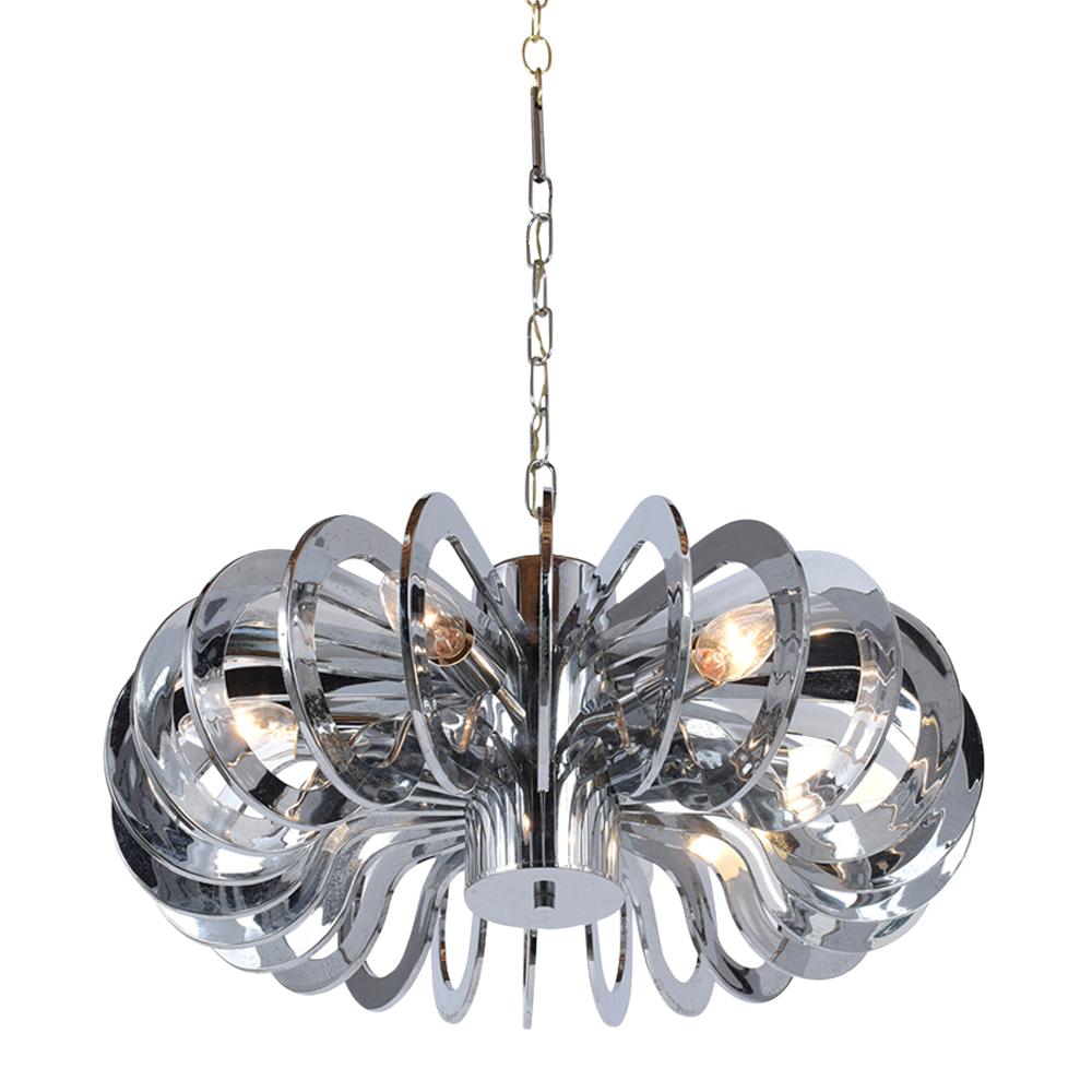 This Mid-Century Modern pendant chandelier circa 1970s is made out of acrylic plastic finished in chrome and is in good condition. This chandelier is covered by scrolling arms all around, original five-light sockets, and hangs by a 14 inches chain.