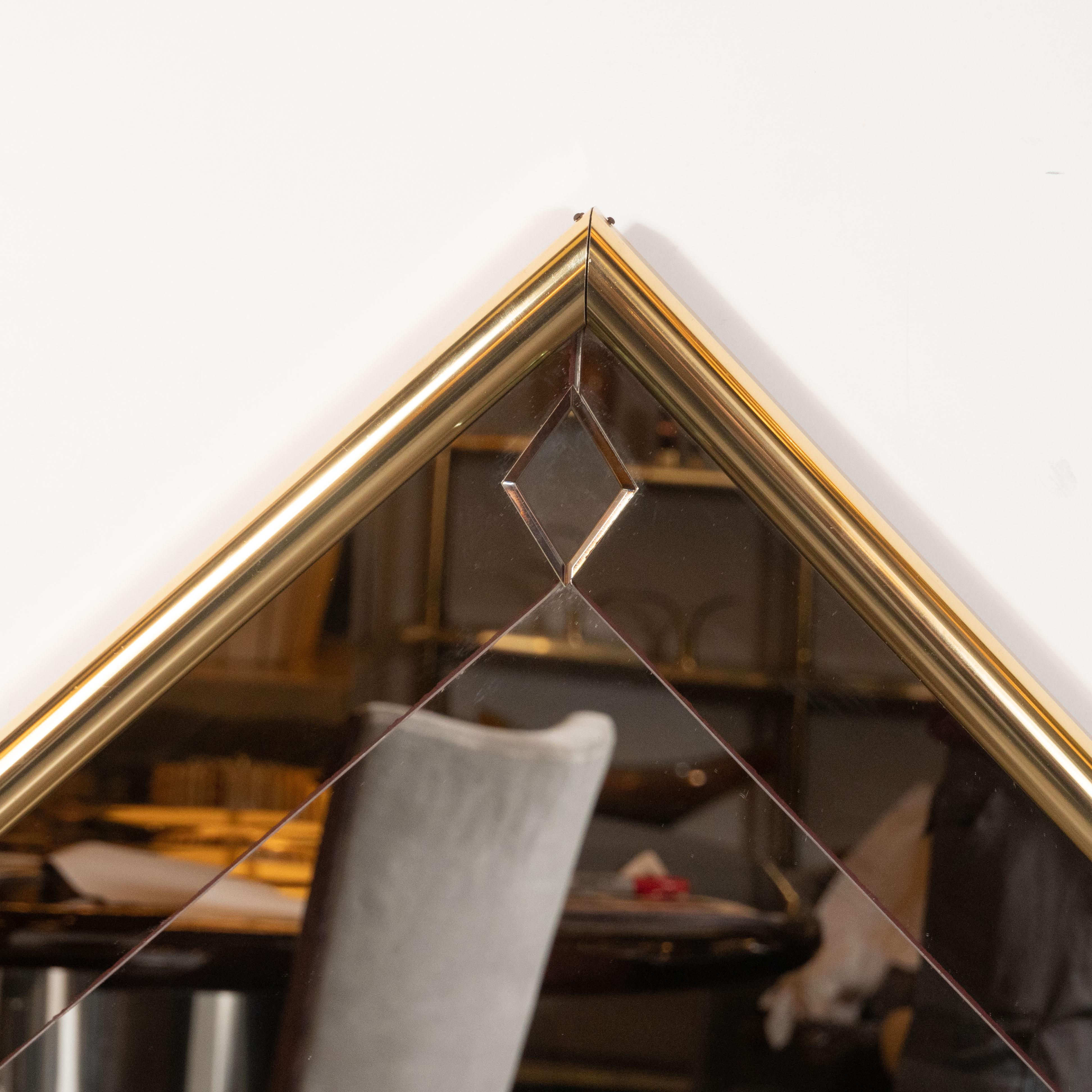 Mid-Century Modern Pentagonal Brass Wrapped Mirror with Smoked Border In Excellent Condition For Sale In New York, NY