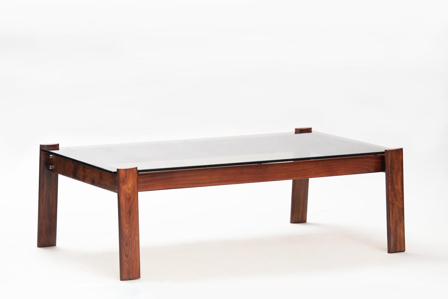 Mid-Century Modern Percival Lafer hardwood coffee table for Lafer, brown smoked glass top.