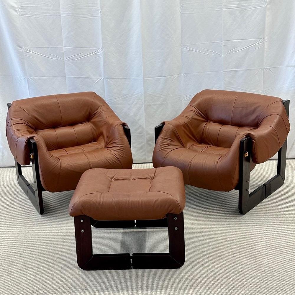 Mid-Century Modern Percival Lafer, MP-97 Lounge Chairs, Brazilian Rosewood, Brown Leather, 1970s
