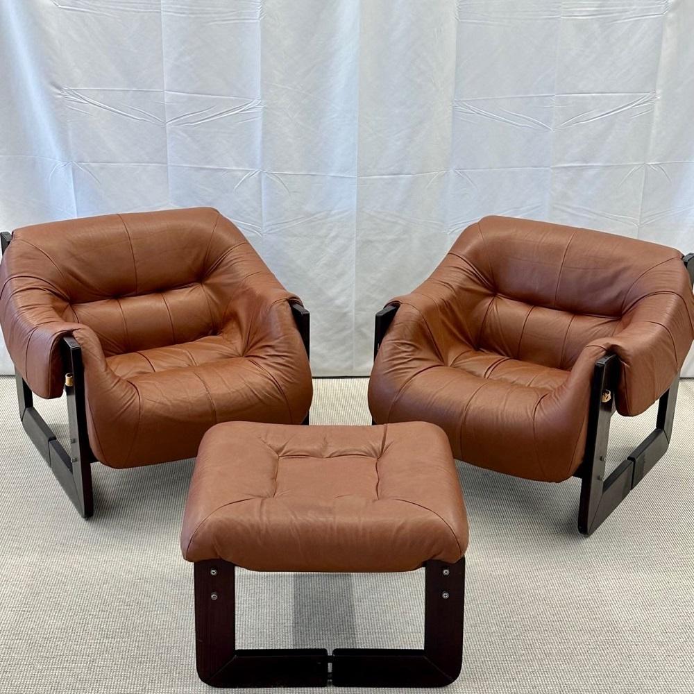 Percival Lafer, MP-97 Lounge Chairs, Brazilian Rosewood, Brown Leather, 1970s In Good Condition In Manhasset, NY