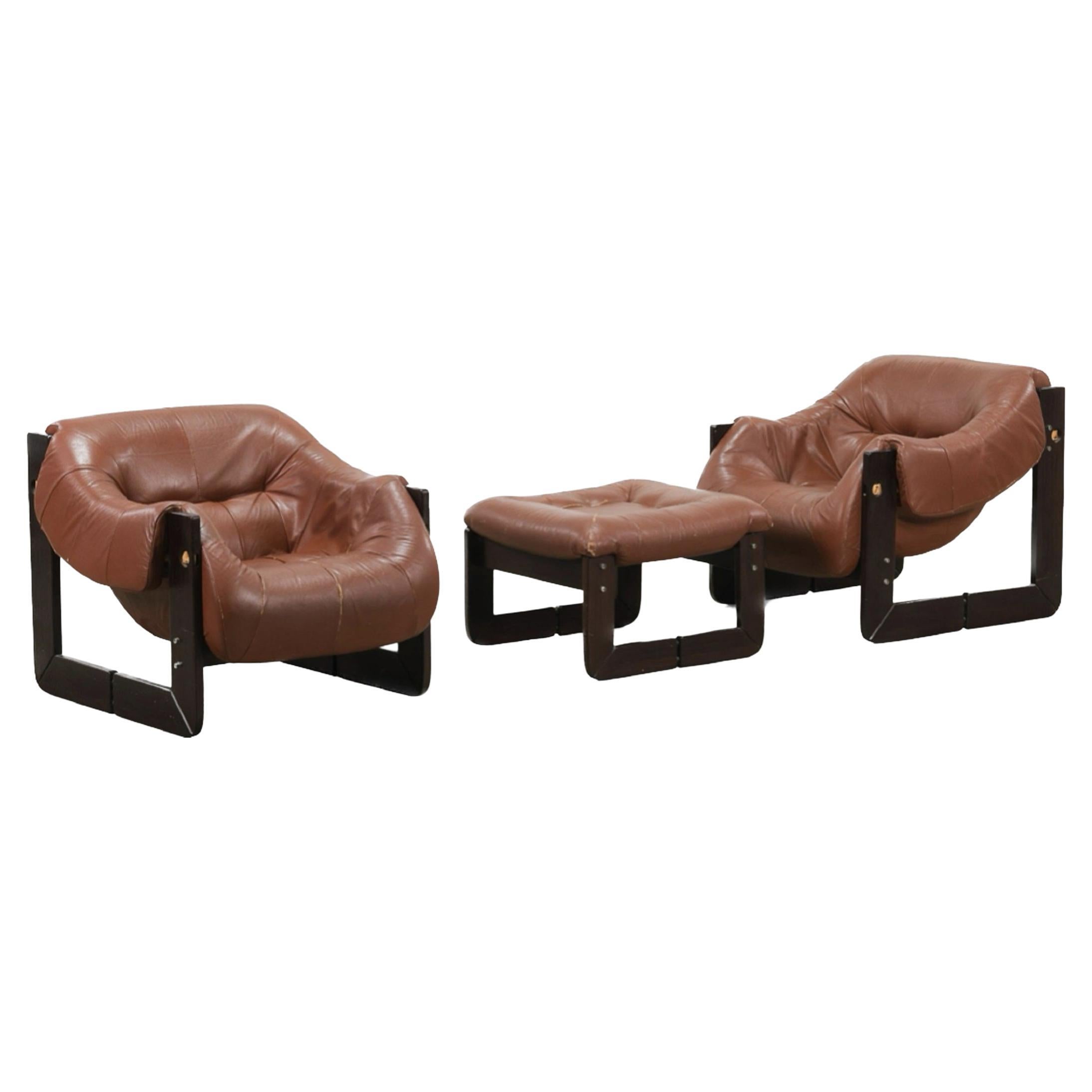 Percival Lafer, MP-97 Lounge Chairs, Brazilian Rosewood, Brown Leather, 1970s